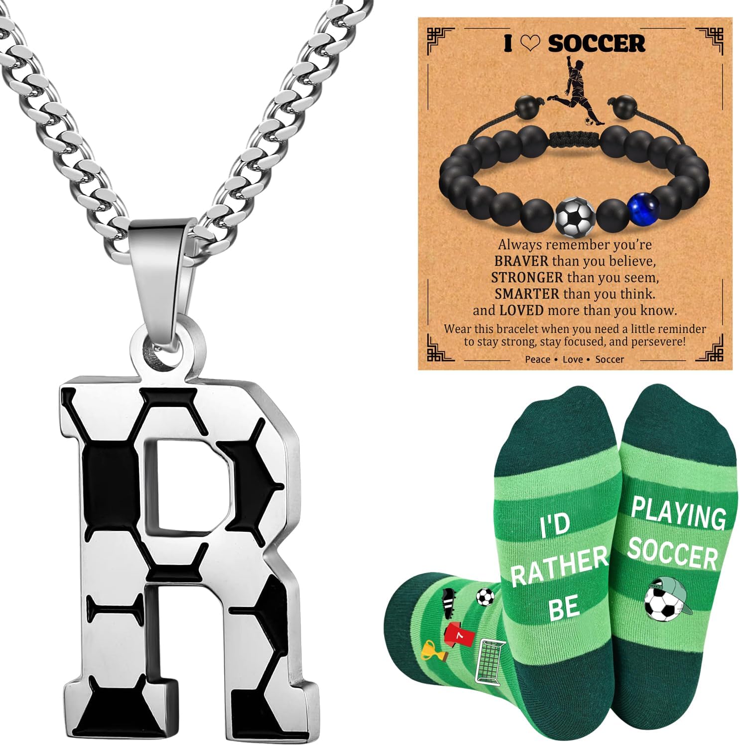 Soccer Gifts Set A-Z Letter Soccer Necklace for Men Novelty Soccer Socks&Soccer Bracelets for Soccer Lovers