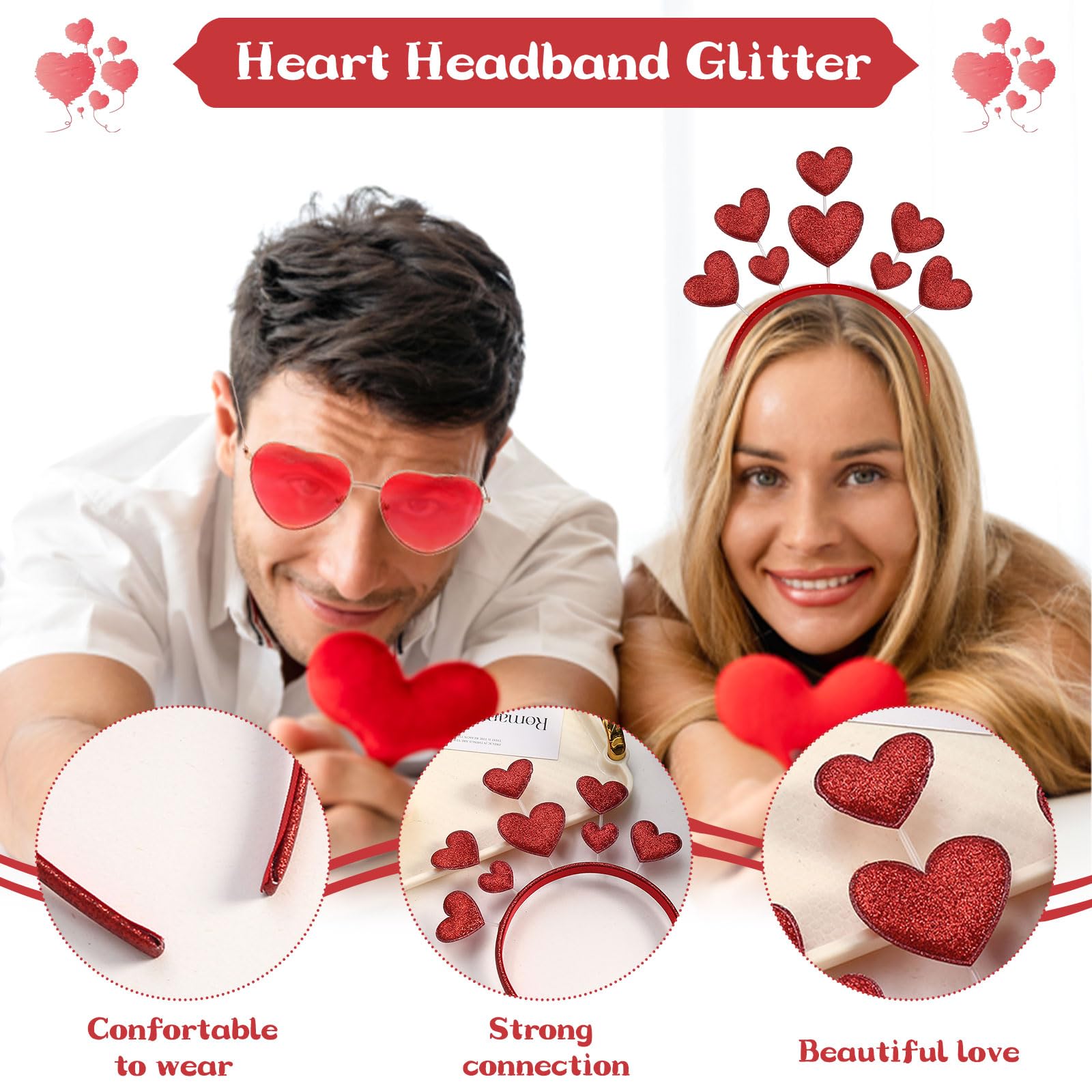 SUpoetry Set of 2 Heart-Shaped Headband and Heart-Shaped Glasses Red Heart Carnival Headband Glitter Heart H-Headband Women with Red Heart-Shaped Glasses for Valentine's Party - Image 3