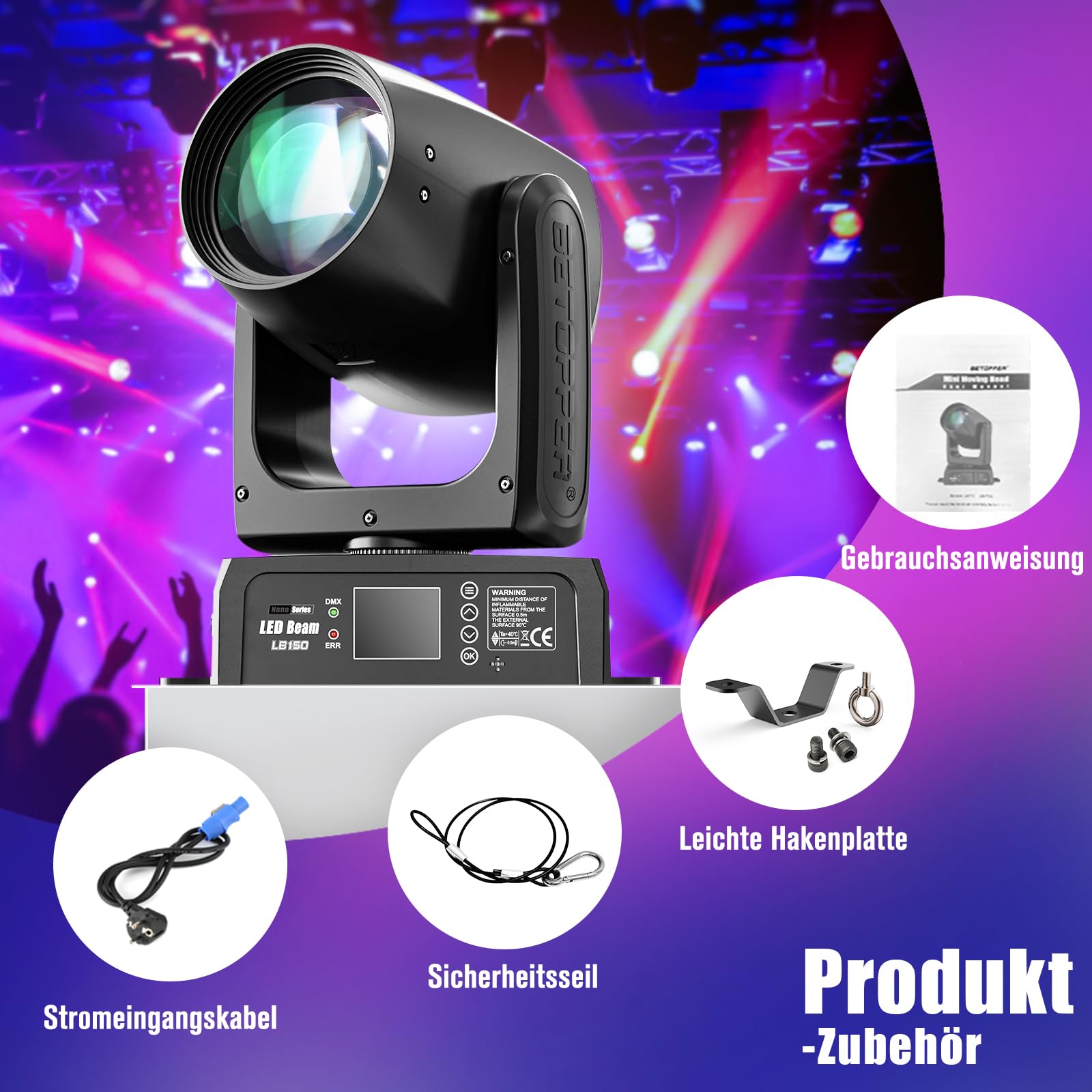 150W Moving Head DJ Licht,BETOPPER Mini LED Bühnenlicht, RGBW Roto Prisma Beam Licht, Sound Activated & DMX-512 Control Scheinwerfer für Party, Bar, Club, DJ Bühnenbeleuchtung, 1 Stück