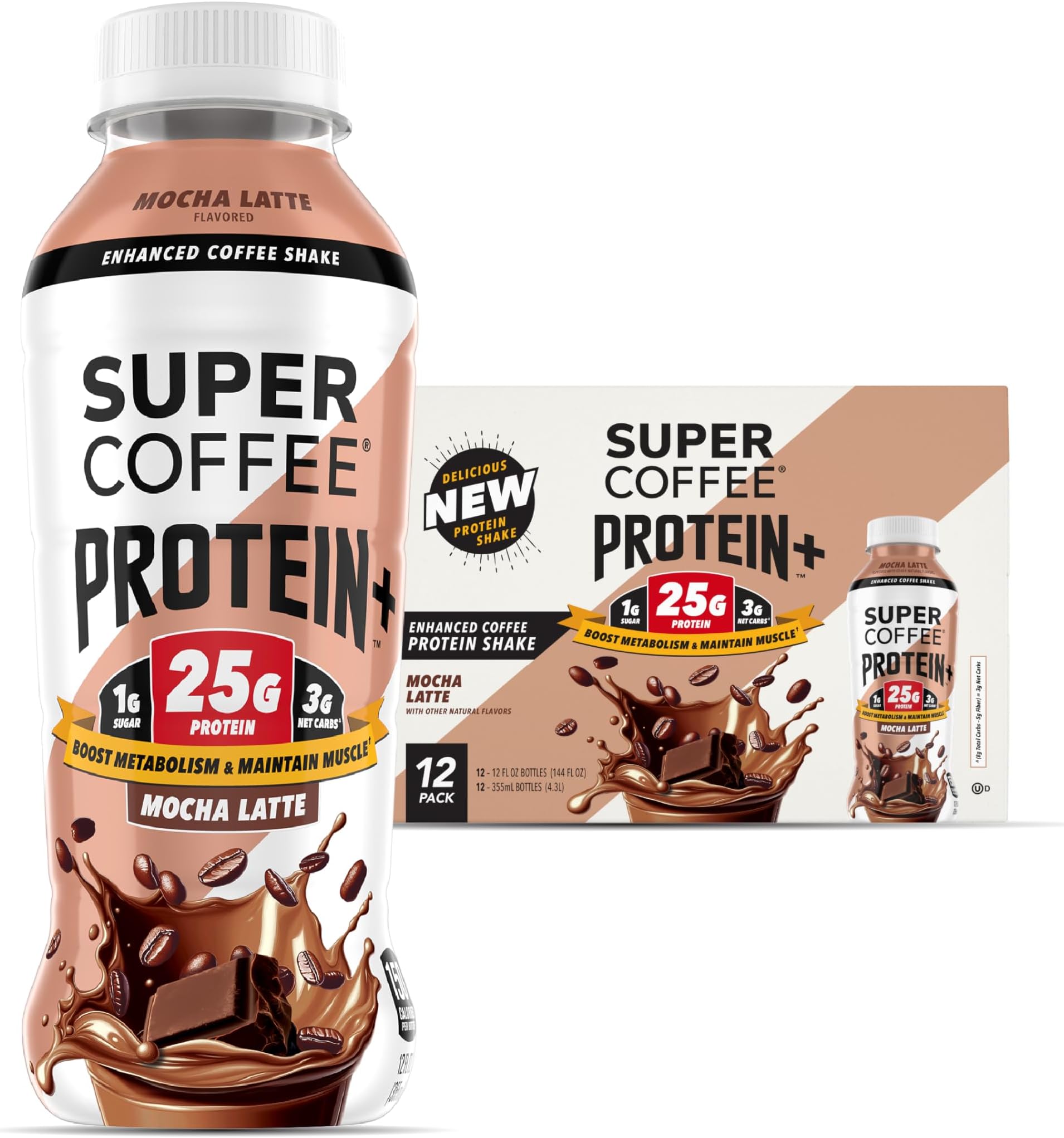 SUPER COFFEE Protein+, Keto Protein Coffee (0g Added Sugar, 25g Protein, 150 Calories) [Mocha] 12 Fl Oz, 12 Pack | Iced Smart Coffee Drinks