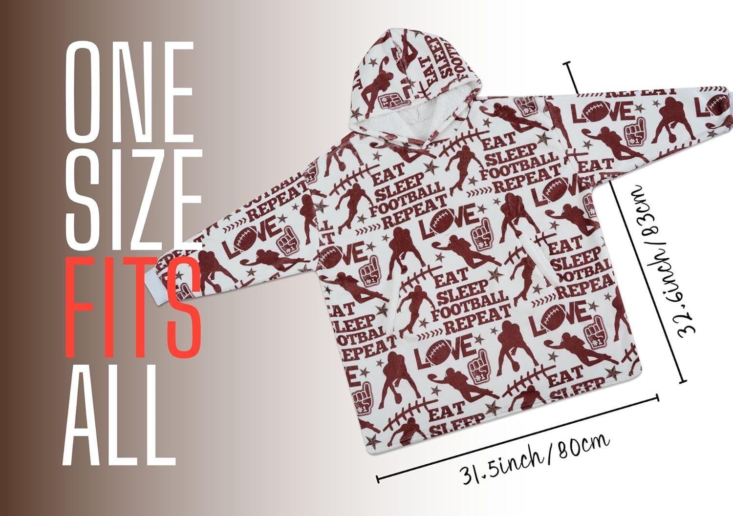 Football Gifts for Men, Teen Boys, Coaches, Oversized Wearable Flannel Blanket Hoodie, One Size, White