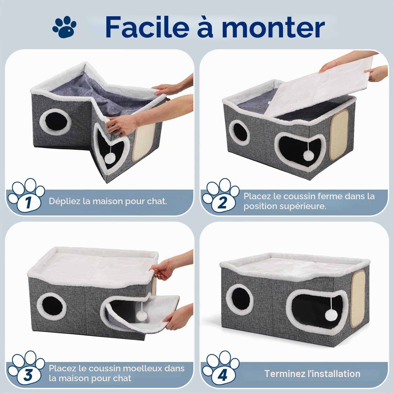 Shikha Niche Pliable pour Chat, Maison d'intérieur pour Grands Chats, 61 x 45 x 32 cm, 2 Couches de Cube pour Chat, XXL avec griffoir et Balle de Jeu,Niche pour Grands Animaux de Compagnie, Gris