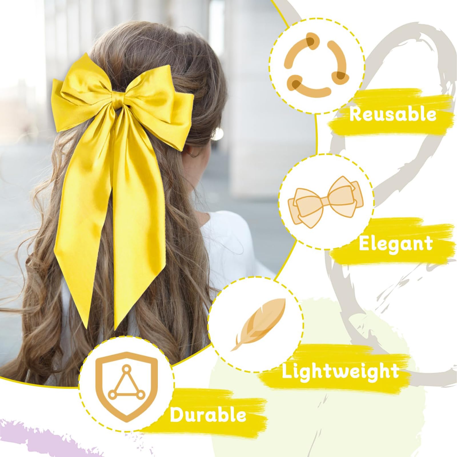 NiceYnn 2pcs Hair Bows Clips for Women French Big Bowknot with Long Satin Ribbon Hair Barrette Clips Silky Spring Clip Hair Bows Oversized Long Tail Ponytail Holder French Hair Styling Beige+Yellow - Image 3