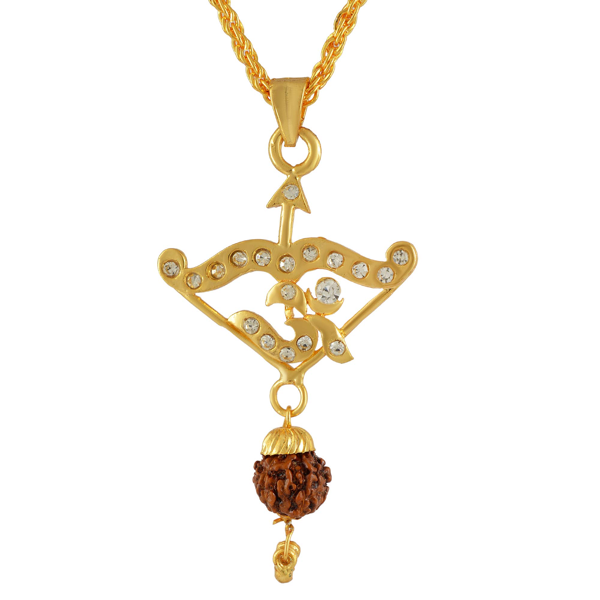 Morvi Gold Plated CZ Dhanush with Om Design, Shree Shyam dhanush with Pachmukhi Rudraksh, Pendant Chain Men and Women