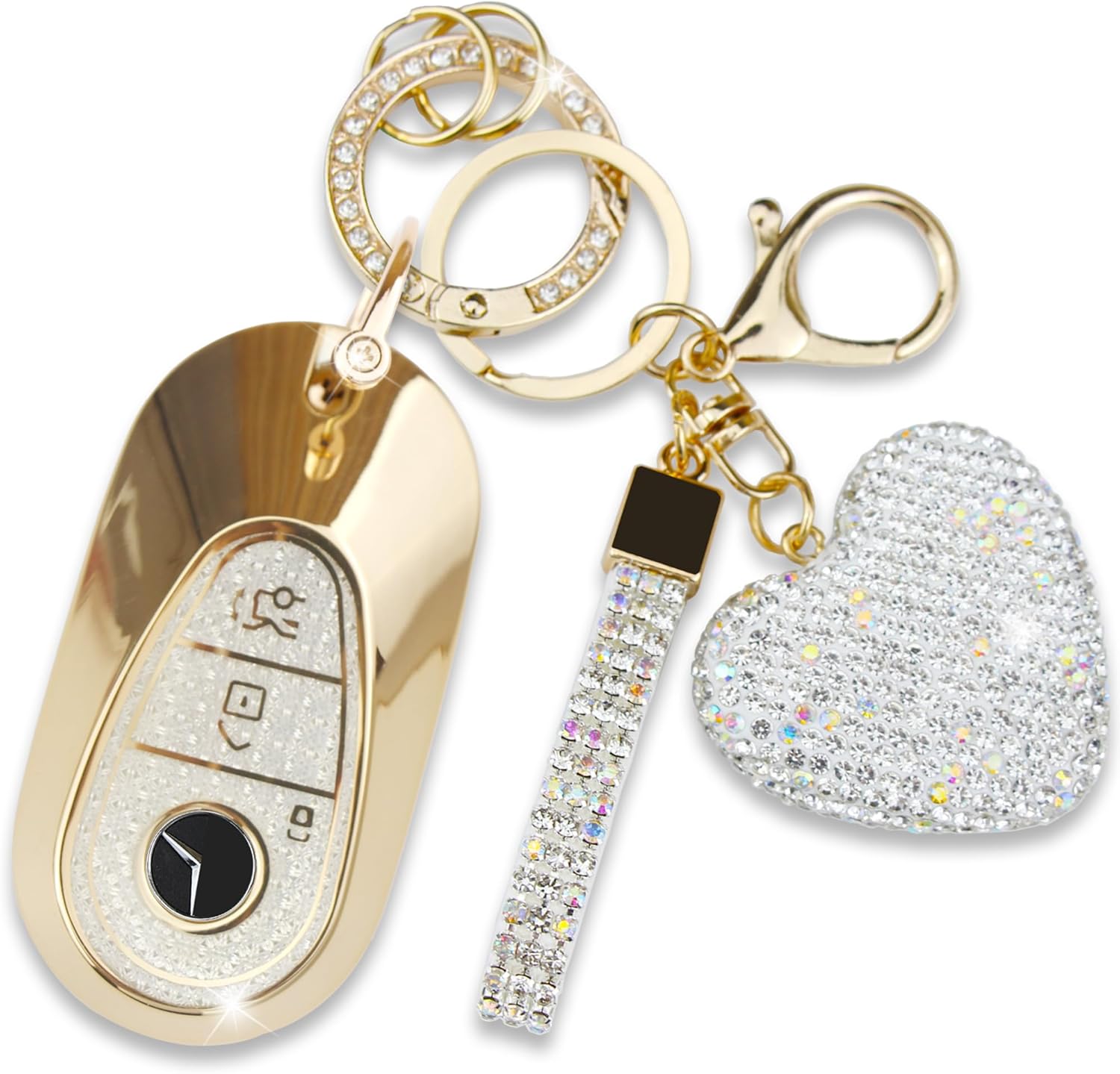 Key Fob Cover with Diamond Keychain for Mercedes Benz Car Key Shell Compatible with 2020-2022 Benz S-Class G-Class E-Class Smart Remote Key Protector for Women (3 Buttons-Gold Heart)