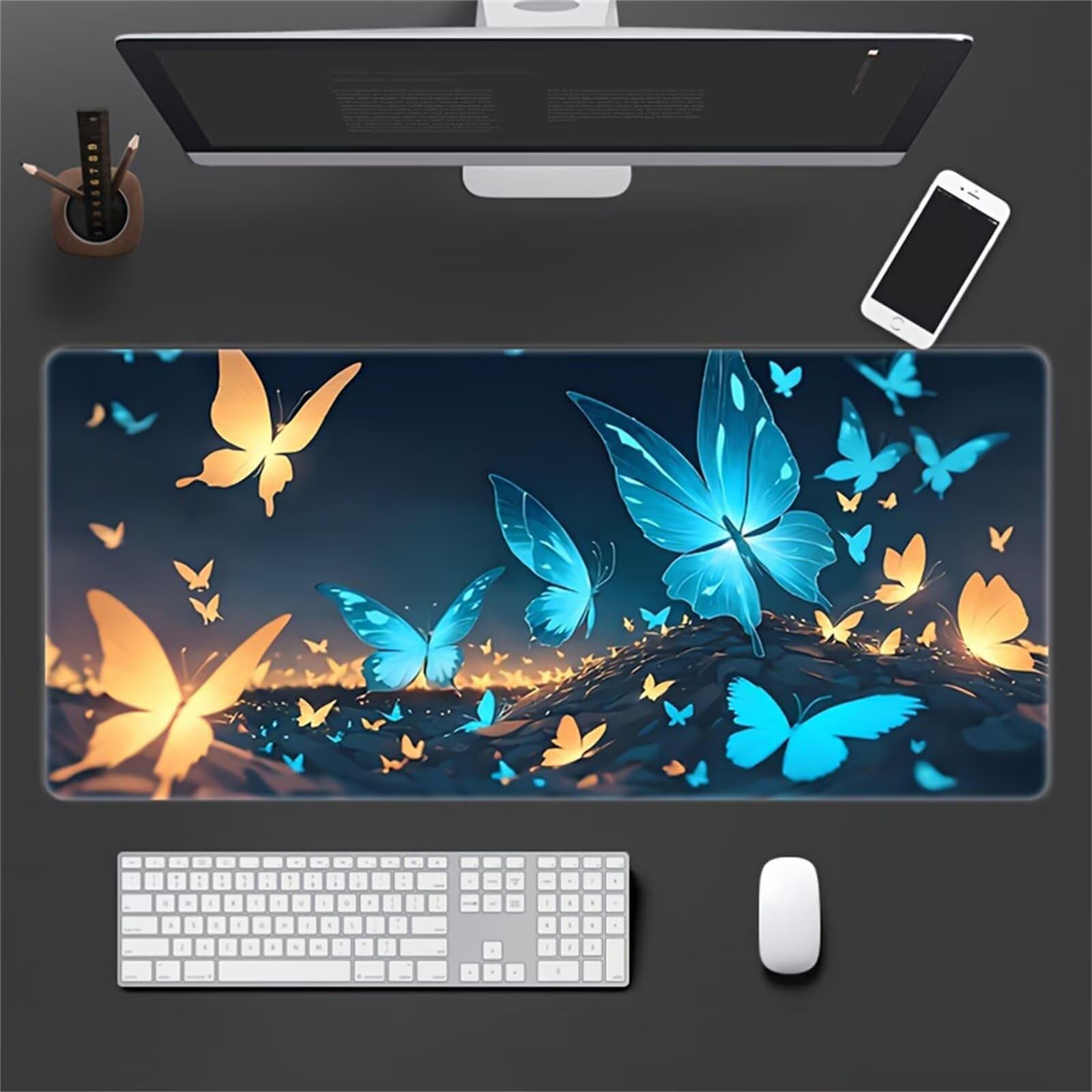 Tappetino Mouse Gaming XXL 1200x600x3 mm, Tappetino da Scrivania Grande, con Bordi Cuciti Rinforzati, Base in Gomma Antiscivolo, Tappetino per Tastiera Lavabile per PC e Laptop, Farfalle Blu