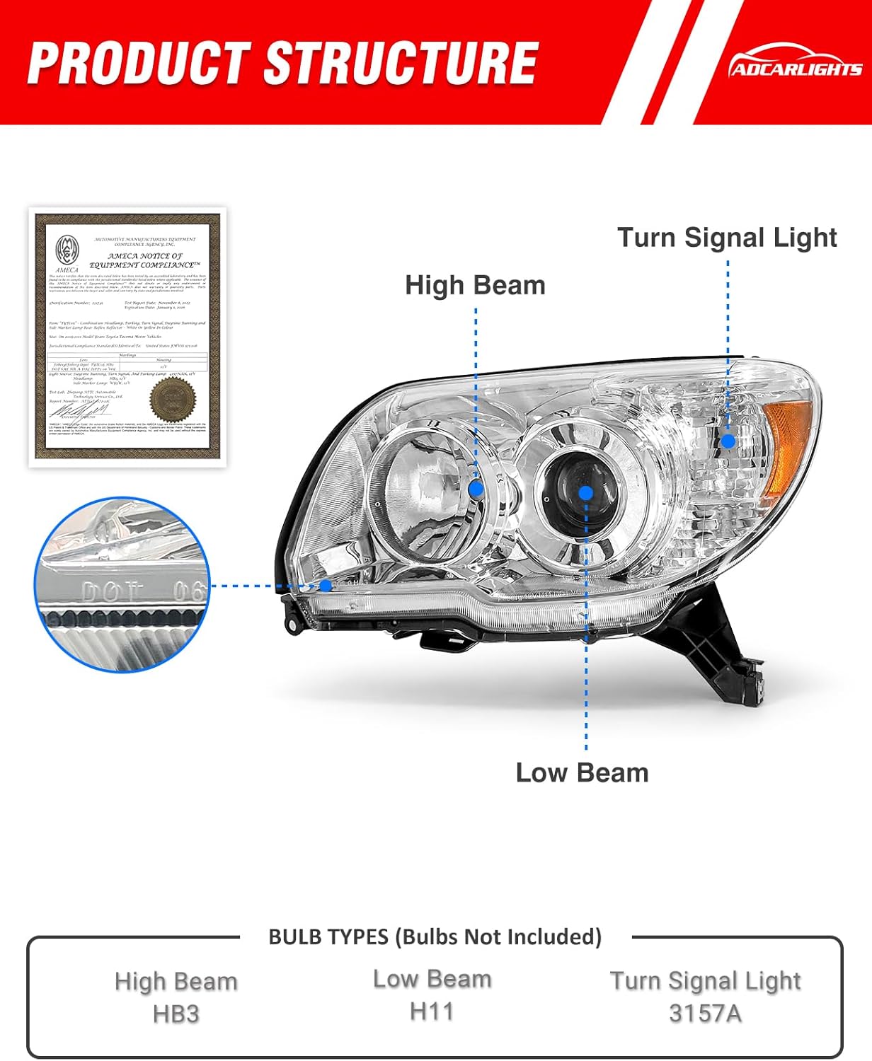 Headlight Assembly for Toyota 4Runner 2006 2007 2008 2009 Projection Headlamp Chrome Housing Amber Reflector Driver and Passenger Side (Bulb Not Included)（W/O Bulbs）