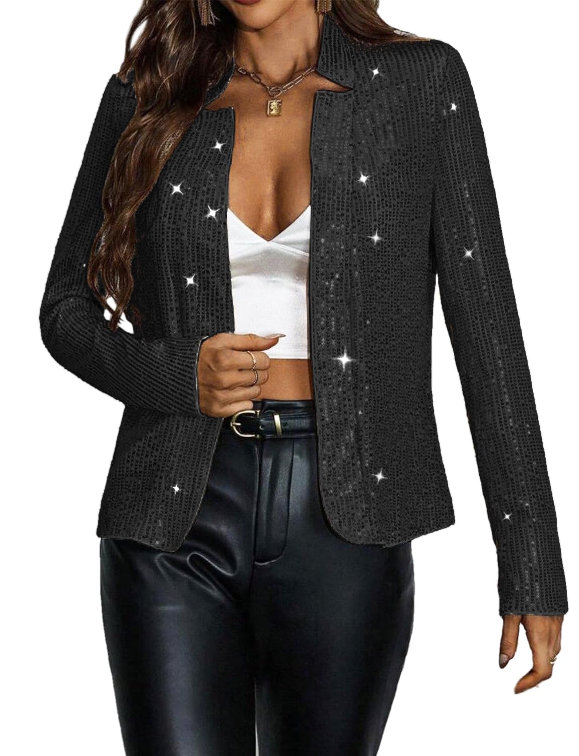 Haoohu Womens Sequin Short Jackets Long Sleeve Open Front Coat Glitter Blazer Casual Coat Party Clubwear