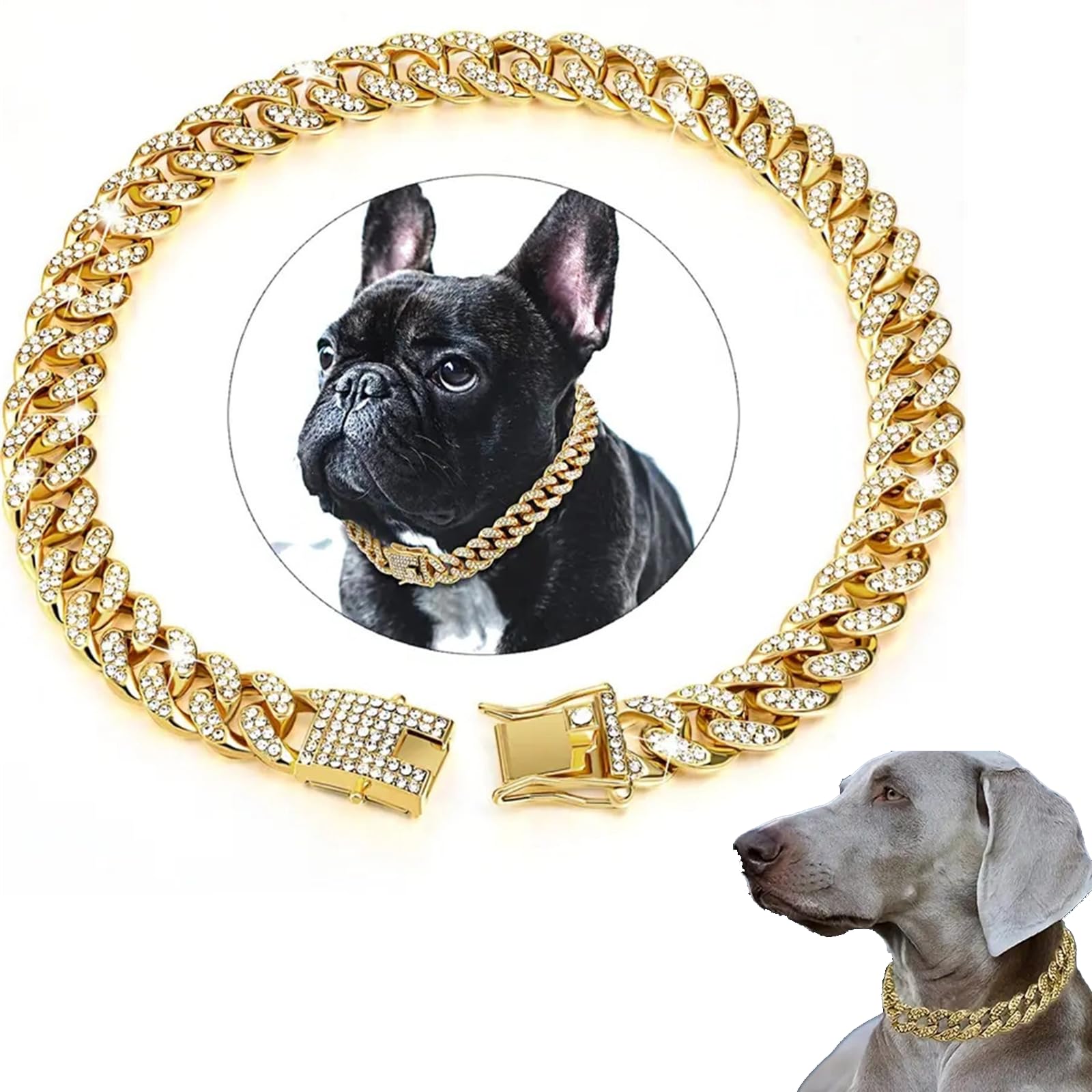 Vokowin Golden Dog Chain Diamond Cuban Collars Walking Gold Metal Chain Collar with Design Secure Buckle,Pet Jewelry Accessories Chain Collar Accessories for Medium Big Dogs(Gold,24inch) (K372-1)