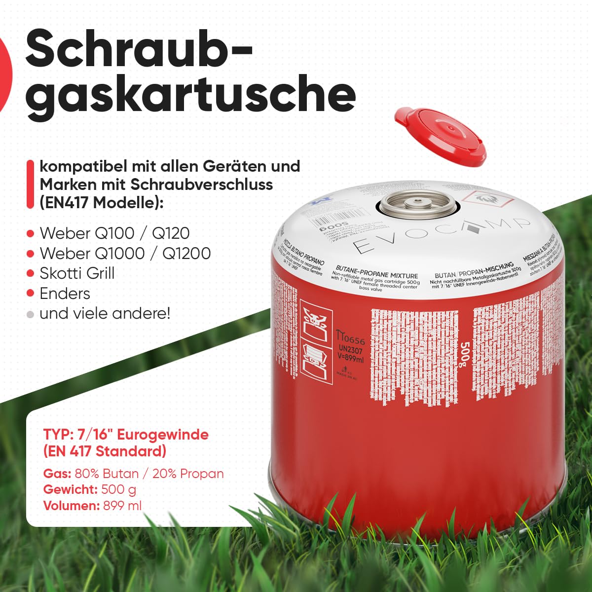 6x Butangas Kartuschen 500g, Schraubkartusche mit Butan/ Propan Gas 899 ml, Gaskartusche EN417, Ventilkartusche mit Schraubverschluss, Gas Kartusche mit Camping Gas, Gaskartuschen Schraubventil