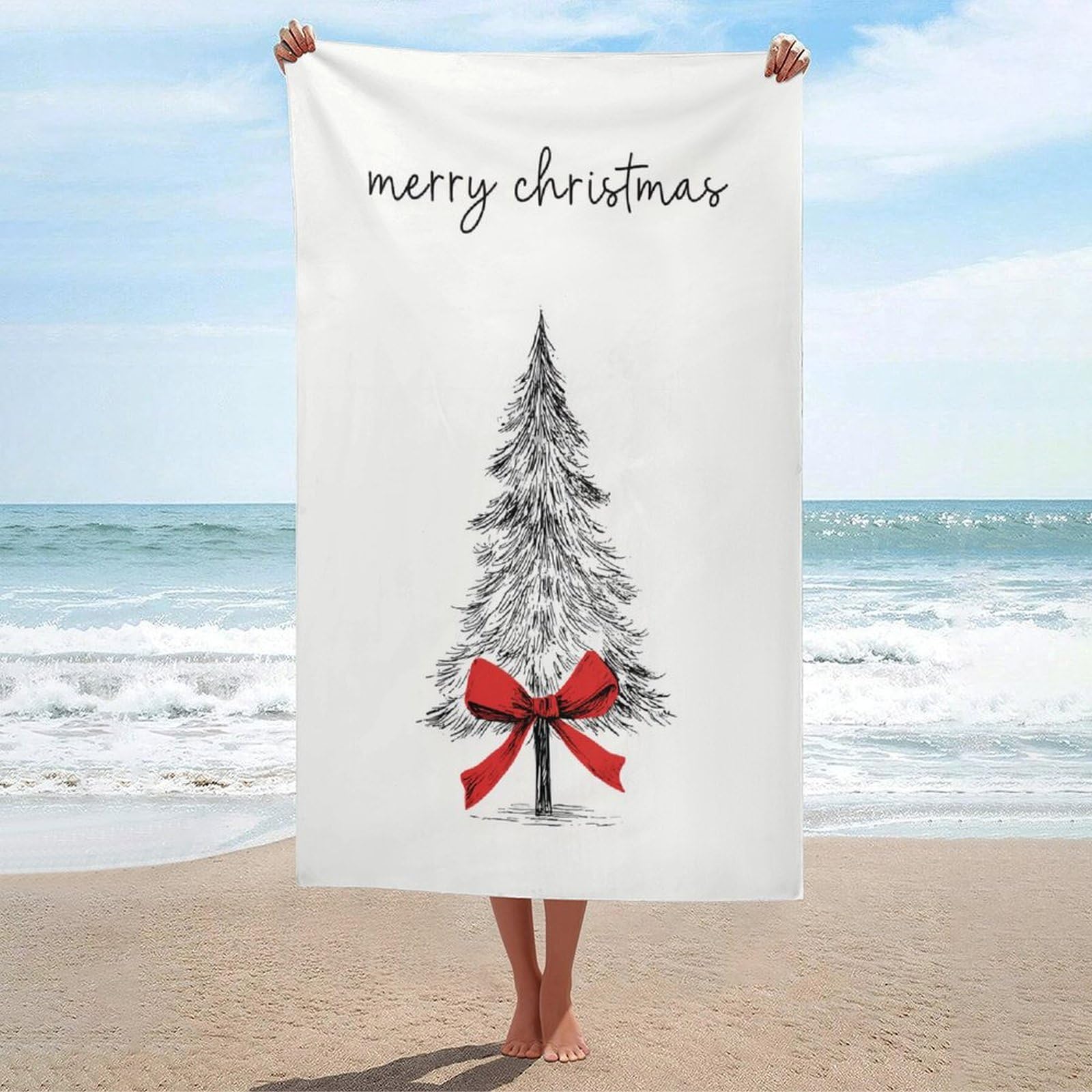 LSRCPD Christmas Pine Tree Red Bow Beach Towel Sand Free Microfiber Large Shower Towels Multipurpose Absorbent for Bathroom Pool 130x80 CM