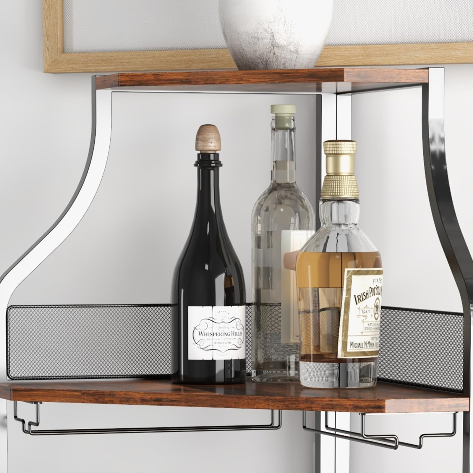 Armoire à Vin D’angle à 4 étages avec Porte en Maille Casier en Bois Pour Vin avec Support en Verre et Rangement de Vin Industriel pour Cuisine Bar Cave Salle à Manger Marron Rétro 47 x 34 x 154 cm