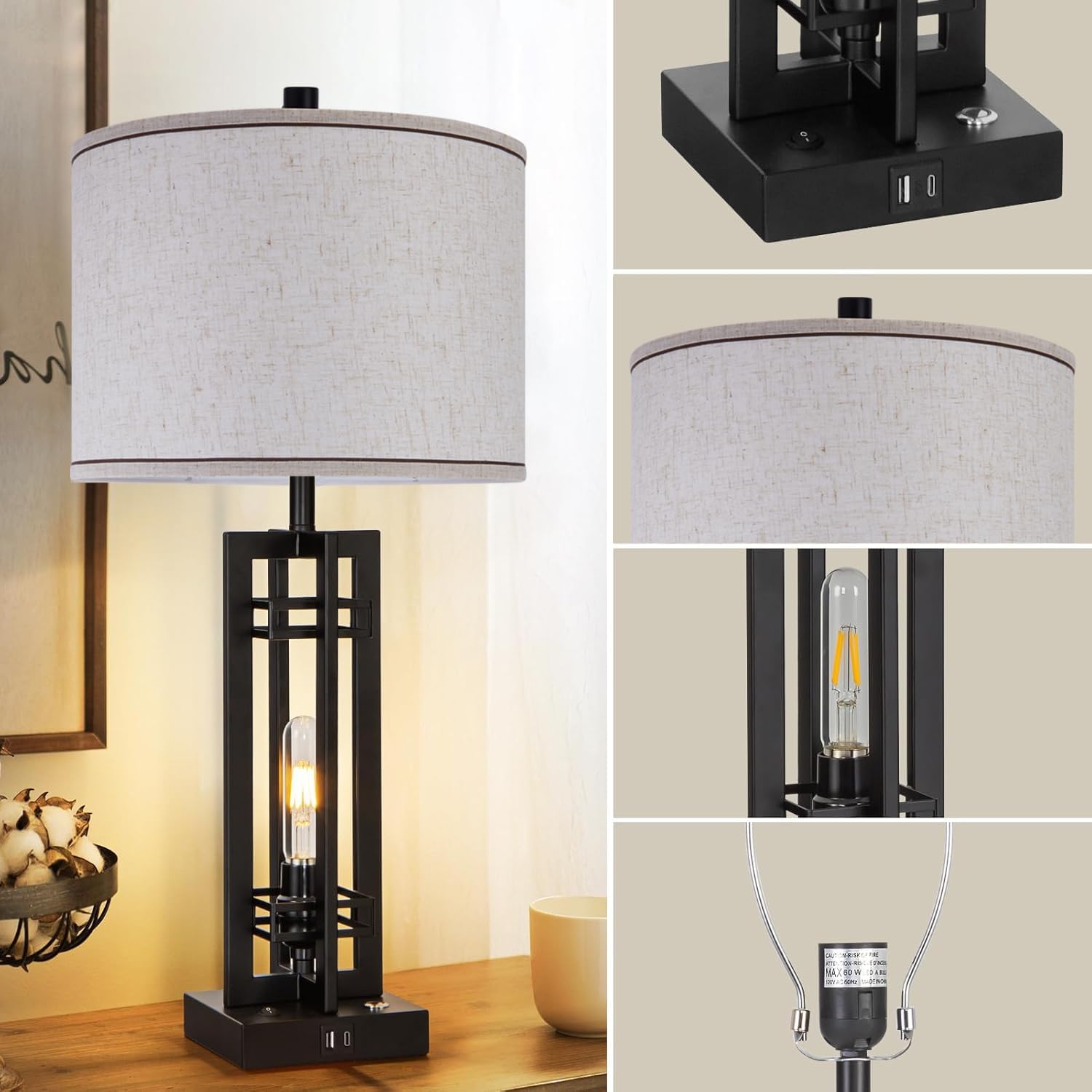 27" Touch Control Farmhouse Table Lamps, Set of 2 Tall Rustic Table Lamps 2-Light Design with USB A+C Ports, Bedside Lamps with Cream Shade for Living Room Home Office, 4 LED Bulbs Included