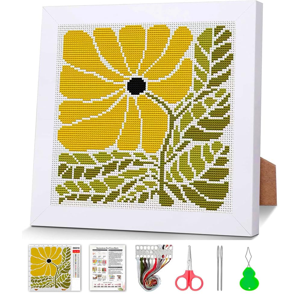 Flower Stamped Cross Stitch Kits for Adults Beginners with Wooden Frame