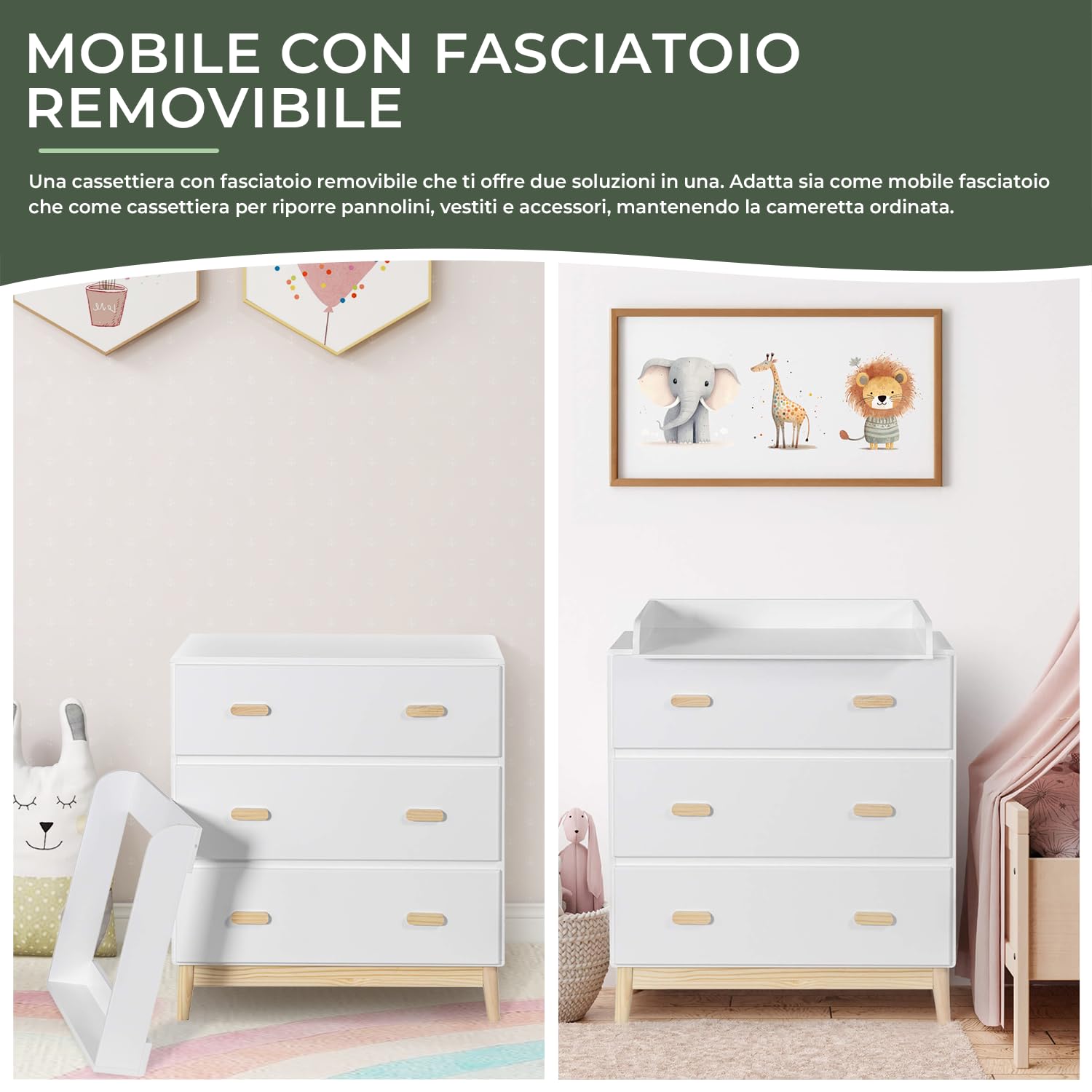 Rebecca Mobili Fasciatoio con Cassetti 3 Cassetti Bianco Marrone MDF Pino 100x80x42 cm
