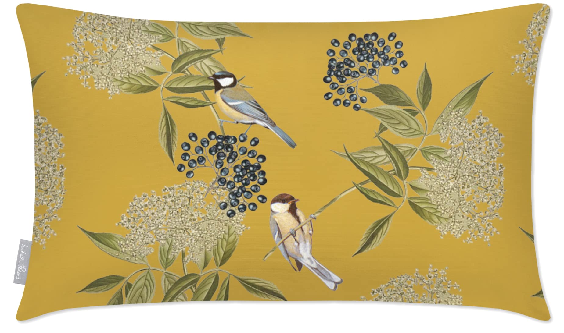 Izabela Peters Bird On Elderflower - Mustard Outdoor Cushions - Waterproof, 55 X 35 Cm, Filled, Garden & Chair Cushions