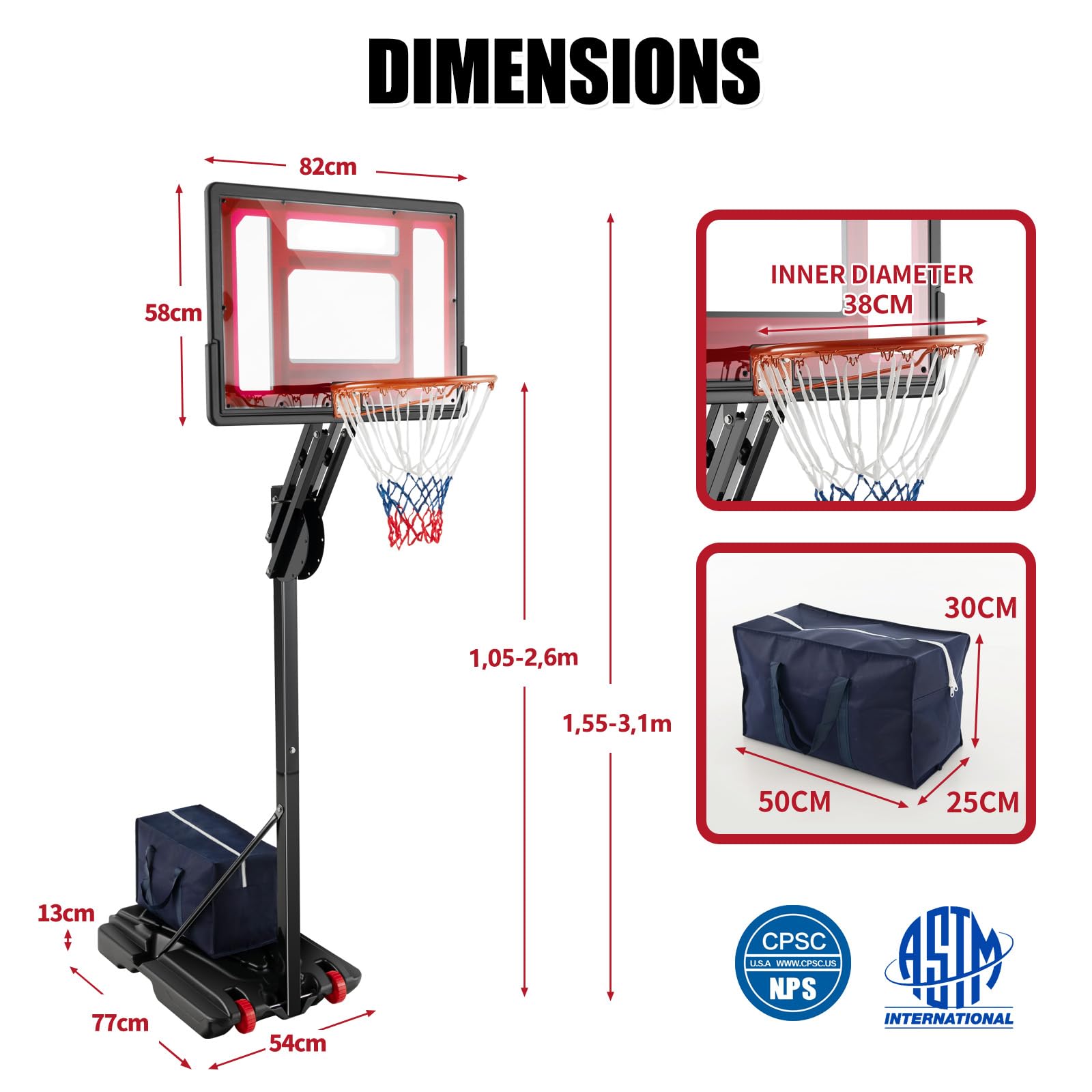 KOMFOTTEU Panier de Basket-Ball en PE et PVC pour l'Extérieur, 10 Niveaux de Hauteur réglables 155-310 cm, Support de Basket-Ball Portable Mobile, Base de Basket-Ball, pour Enfants et Adultes