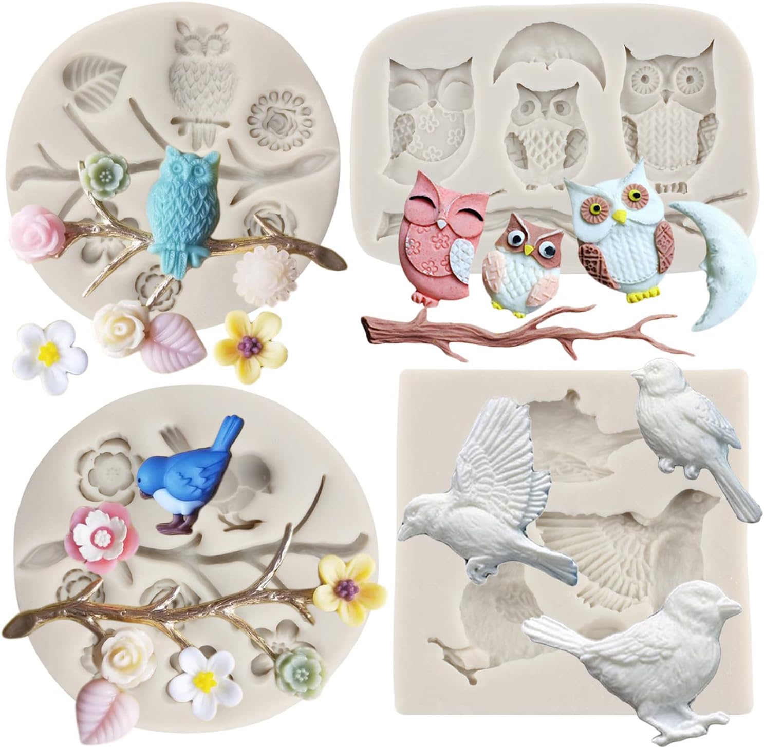 Sijiangmold Bird Silicone Molds Owls Tree Branch Fondant Mold Flower Leaves Silicone Molds For Cake Decorating Candy Chocolate Gum Paste Crafting Polymer Clay Set Of 4