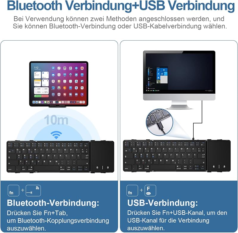 Echaar Összehajtható Bluetooth Billentyűzet Érintőpaddal - QWERTZ Kiosztású Hordozható Klaviatúra iPad, Okostelefon, Tablet, PC és Laptop Es