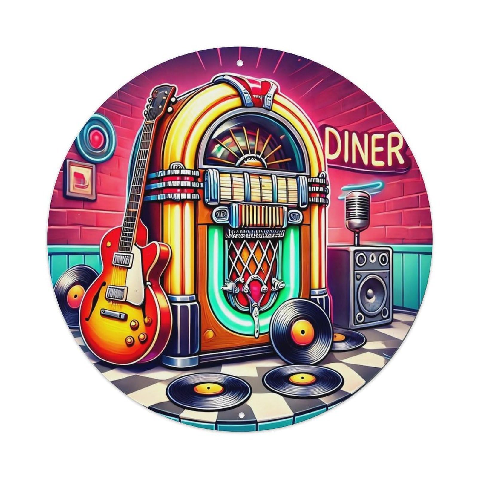 Retro Jukebox Guitar Vinyl Diner Round Metal Tin Sign Vintage Wall Decor, Bar Garage Cafe Kitchen Home Wall Art Poster 8x8inches