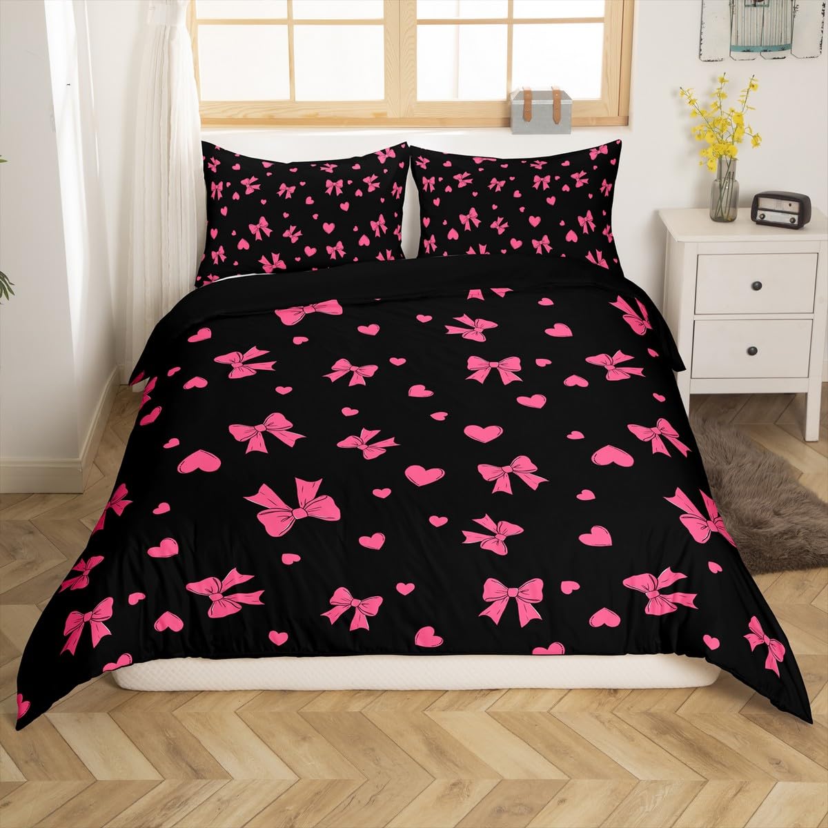 Homemissing Black Pink Bowknot Duvet Cover Set Cot Size For Kids Girls Teens Bedroom Cute Bow Bedding Set Bow Ribbon Comforter Cover with 1 Pillowcase