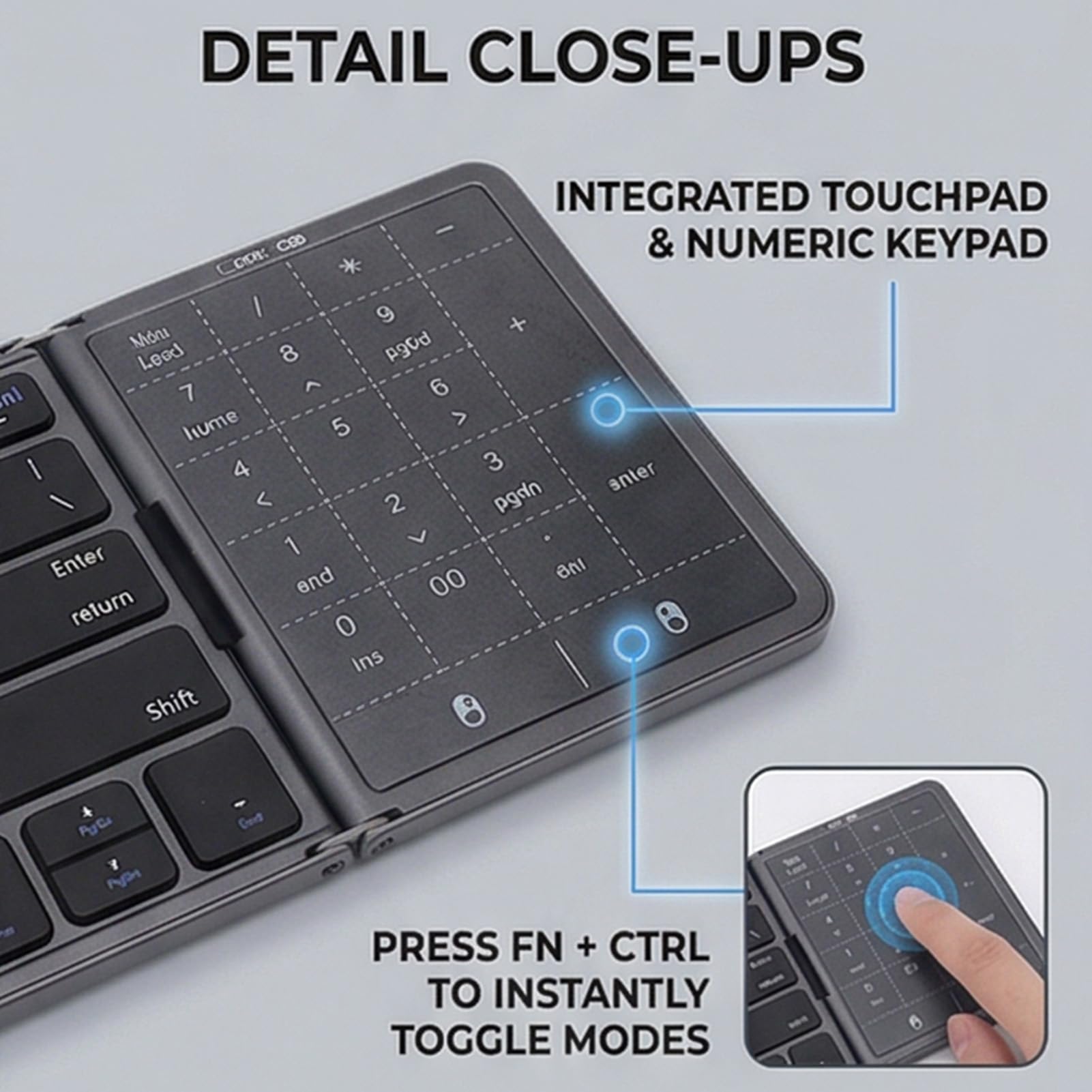 VBESTLIFE Tastiera Pieghevole, Tastiera Portatile Wireless Bluetooth 5.3 con Trackpad Multitouch e Tastierino Numerico, per Smartphone Tablet Laptop PC