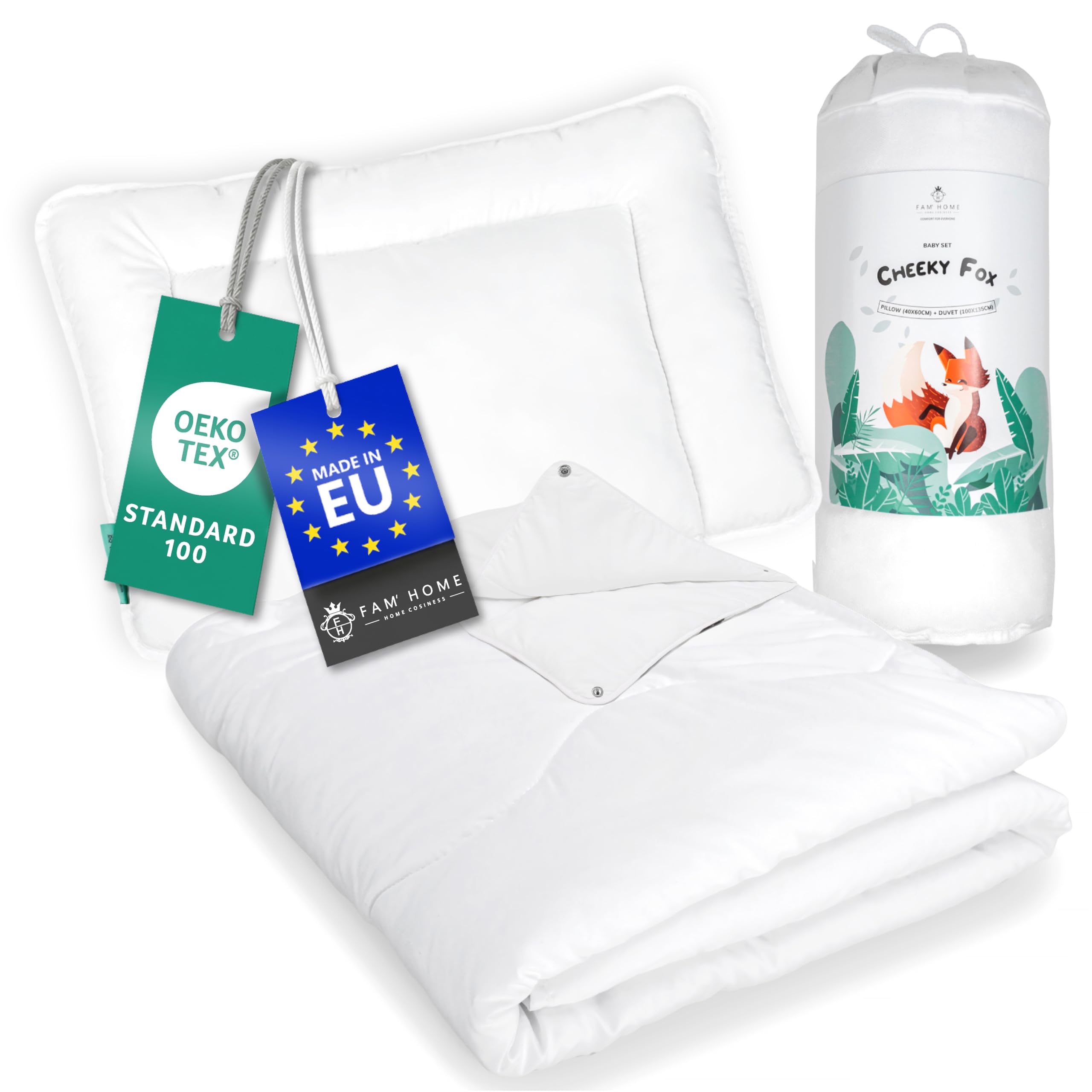 FAM HOME Set Piumino e Cuscino per Lettino Bambino 4 Stagioni 100x135 40x60 | Cheeky Fox: set ipoallergenico, traspirante. Piumino unibile in 2 parti (100+50g/m²) antiacaro lavabile. Certificato Oeko-Tex