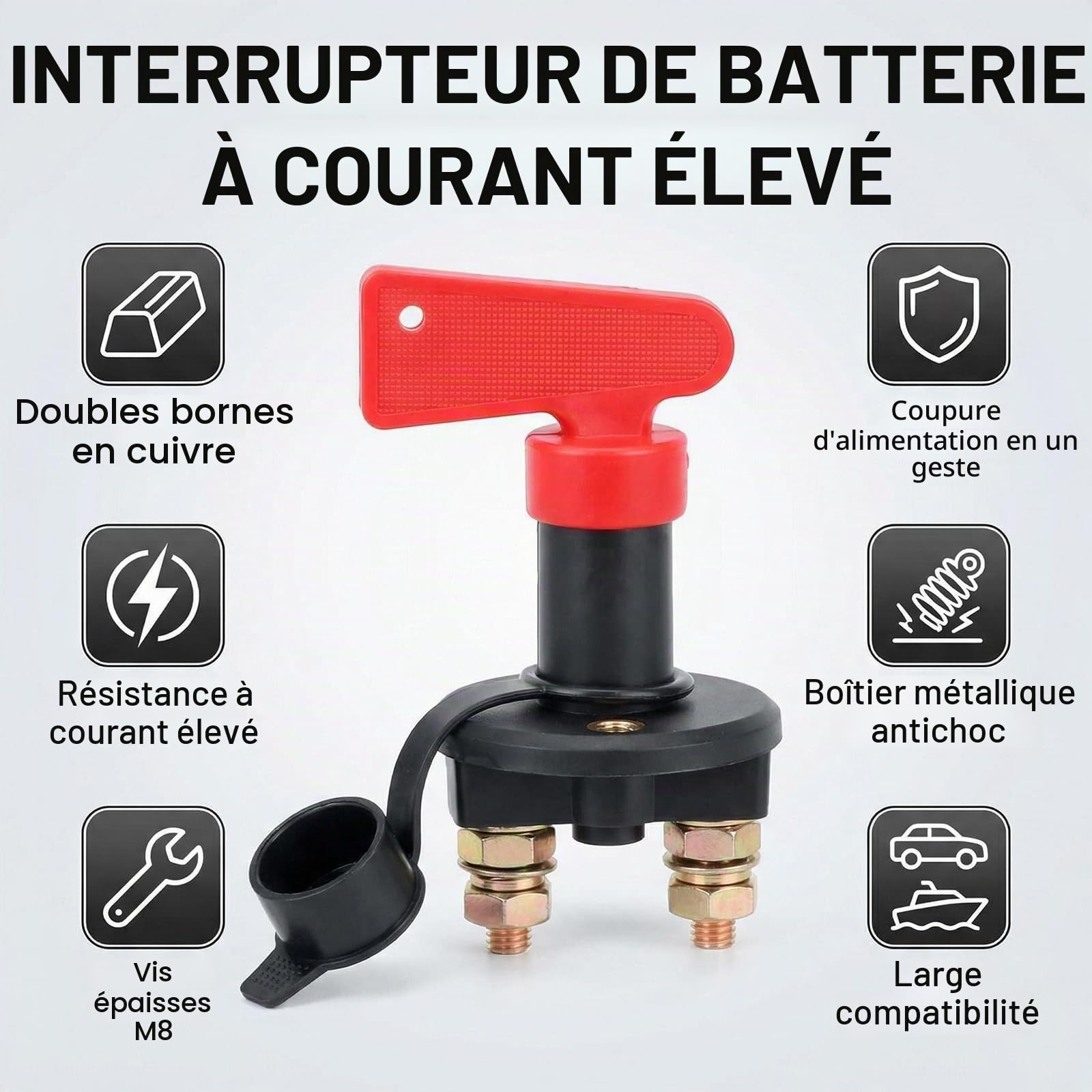 Isolateur de Commutateur Principal de Batterie 12V avec 2 Clés, Coupe Circuit Batterie 12V 300A pour Voiture, Bateau, Interrupteur de Batterie Principal de Déconnexion, Coupe Batteria Voiture et Moto