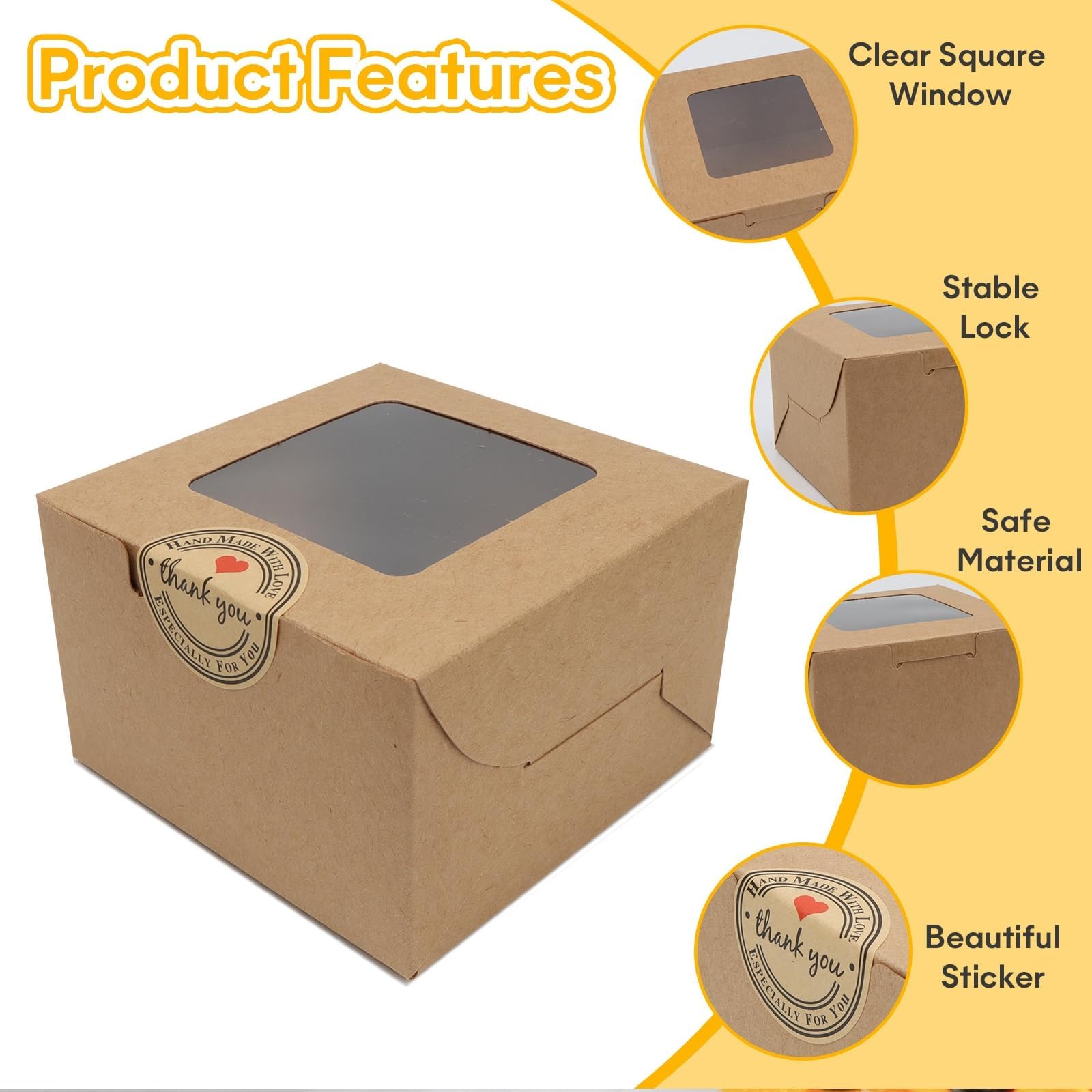 JOYSKY 20 Pcs Brown Cupcake Boxes Paper Cake Box Bakery Pastry Boxes with Windows and 24 Stickers Kraft Candy Boxes for Cupcakes Desserts Pastries Cookies Small Cakes Candy Pies & Gifts - Image 3