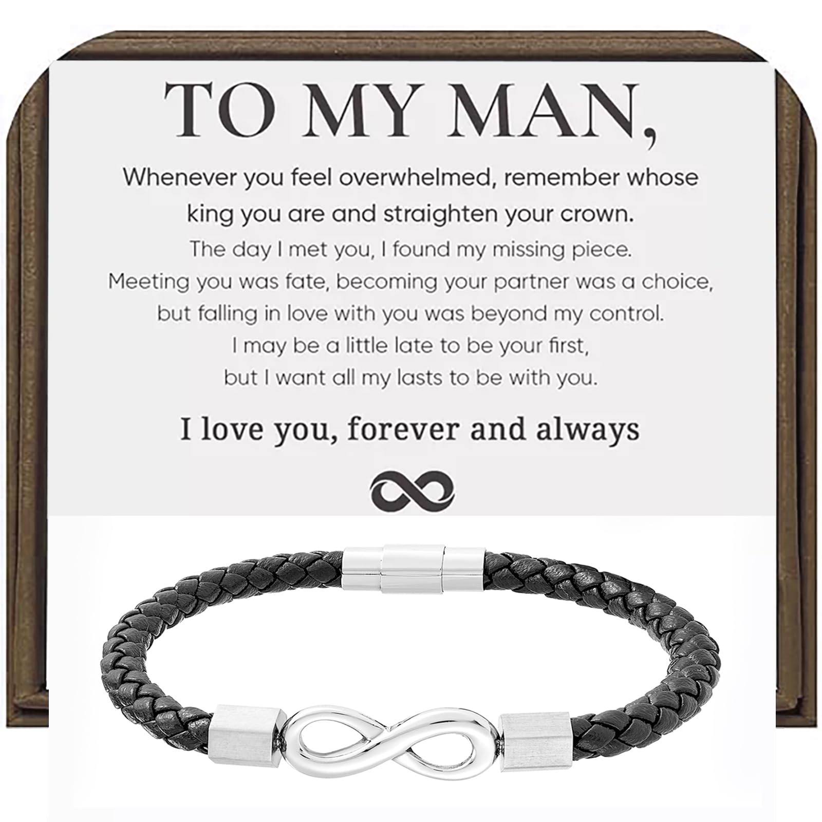 OVNMFH To My Man, Personalized Dual Name Infinity Leather Bracelet, Custom Name Bracelet for Men Braided Cuff Bracelet Stainless Steel Clasp Christmas