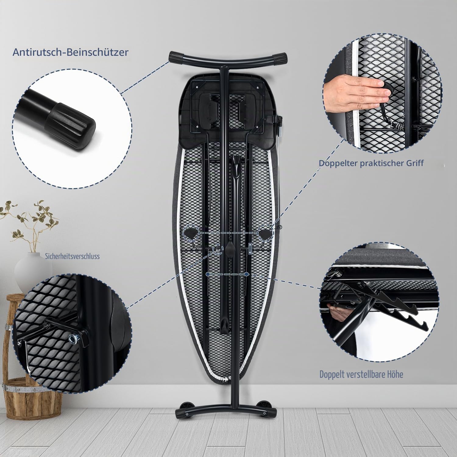 Duwee Extra Large Bügelbrett mit Rollen, Extra breites Bügelbrett für Dampfstationen, robuste und klappbare Beine, 10 mm Fellenauflage, schwarz, 122 x 46 cm