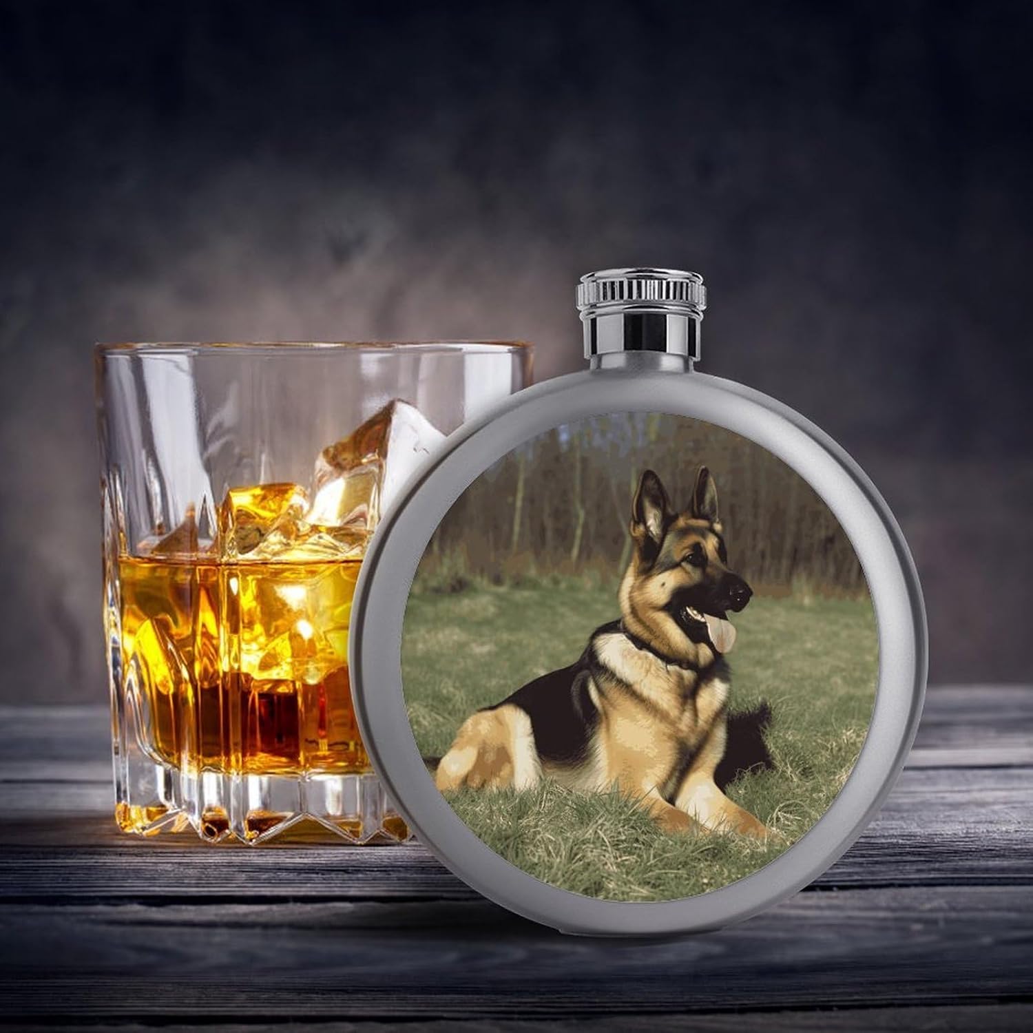 Shepherd Dog Hip Flask Stainless Steel Round Liquor Flask 5 Oz Portable Pocket Drinking Flasks Bottle Leak Proof Liquid Container Personalized Gift for Wedding Party