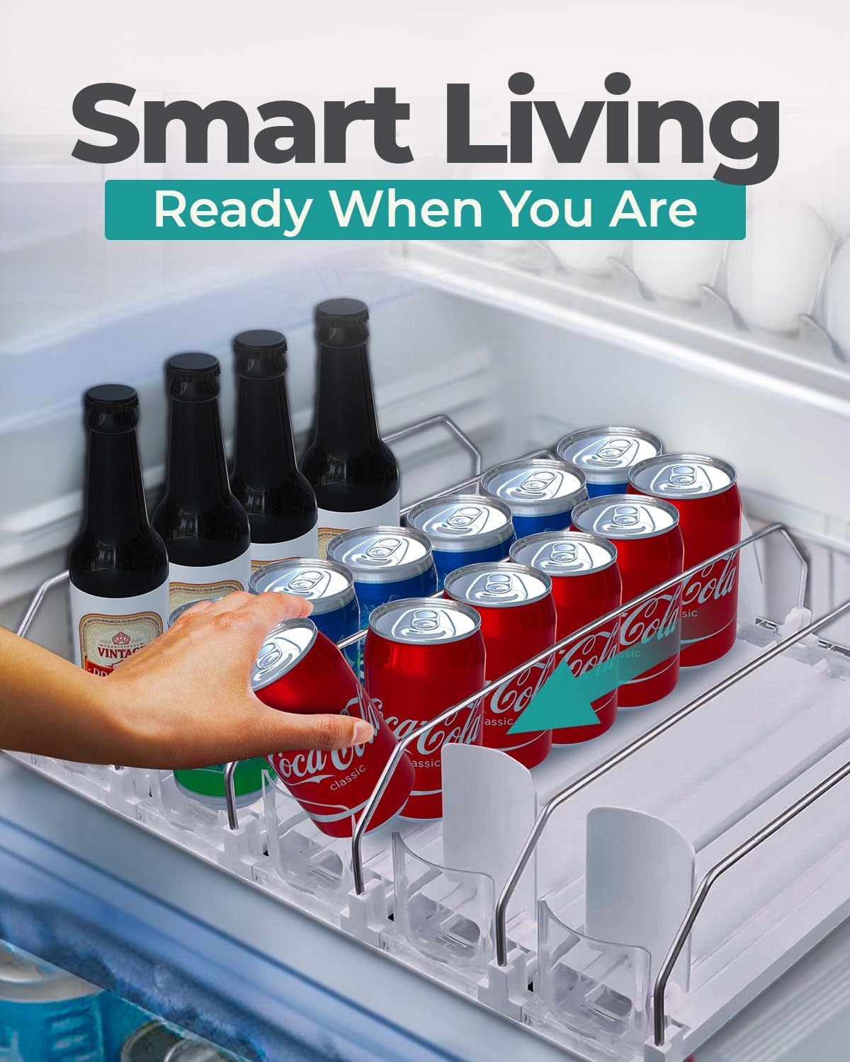 Drink Organizer for Fridge (Holds up to 30 Cans) - Self-Pushing Fridge Drink Organizer with 5 Adjustable Rows - Automatic Soda Can Dispenser for Refrigerator - Fits 12 oz to 20 oz
