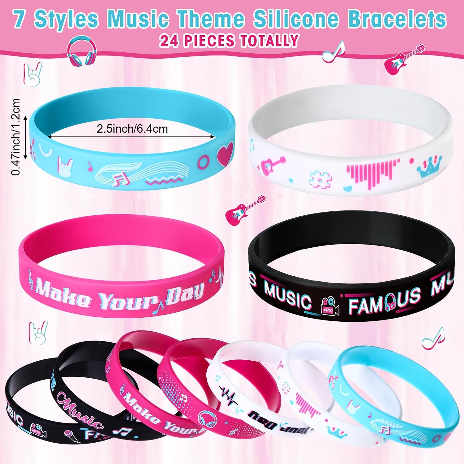 Capoda 24 Pcs Music Silicone Bracelets Bulk Music Notes Rubber Wristbands image 2