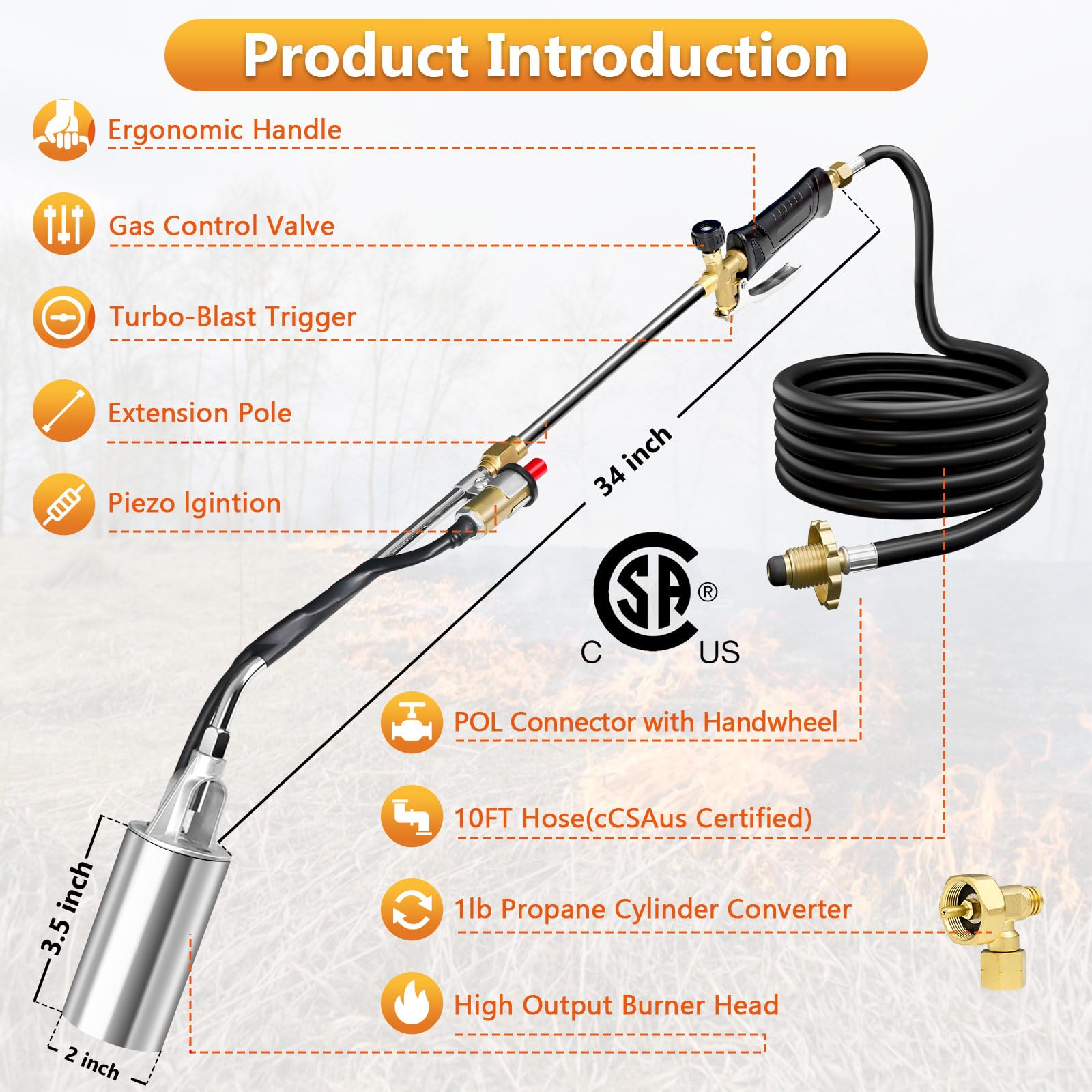 Kit de quemador de malezas de propano, 2 en 1, seccional de 37.5 pulgadas, extendido, sin doblar, 1.800.000 BTU, lanzallamas resistente con encendido automático, manguera de 10 pies y adaptador