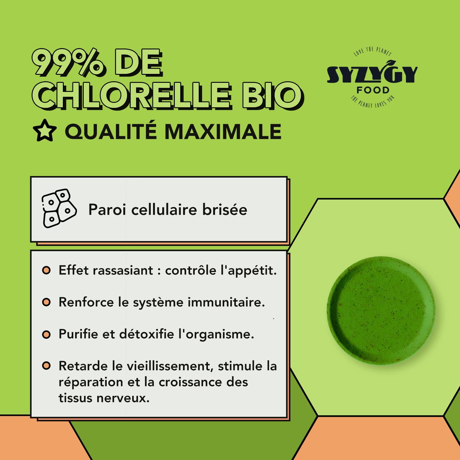 SYZYGY FOOD - Chlorella Certifiée Bio - 300 Comprimés de 500mg - Chlorella 99% Bio - Paroi Cellulaire Brisée - DETOX - Vegan - Protéines Végétales - Satiétant - B12 - Vitamines - Minéraux