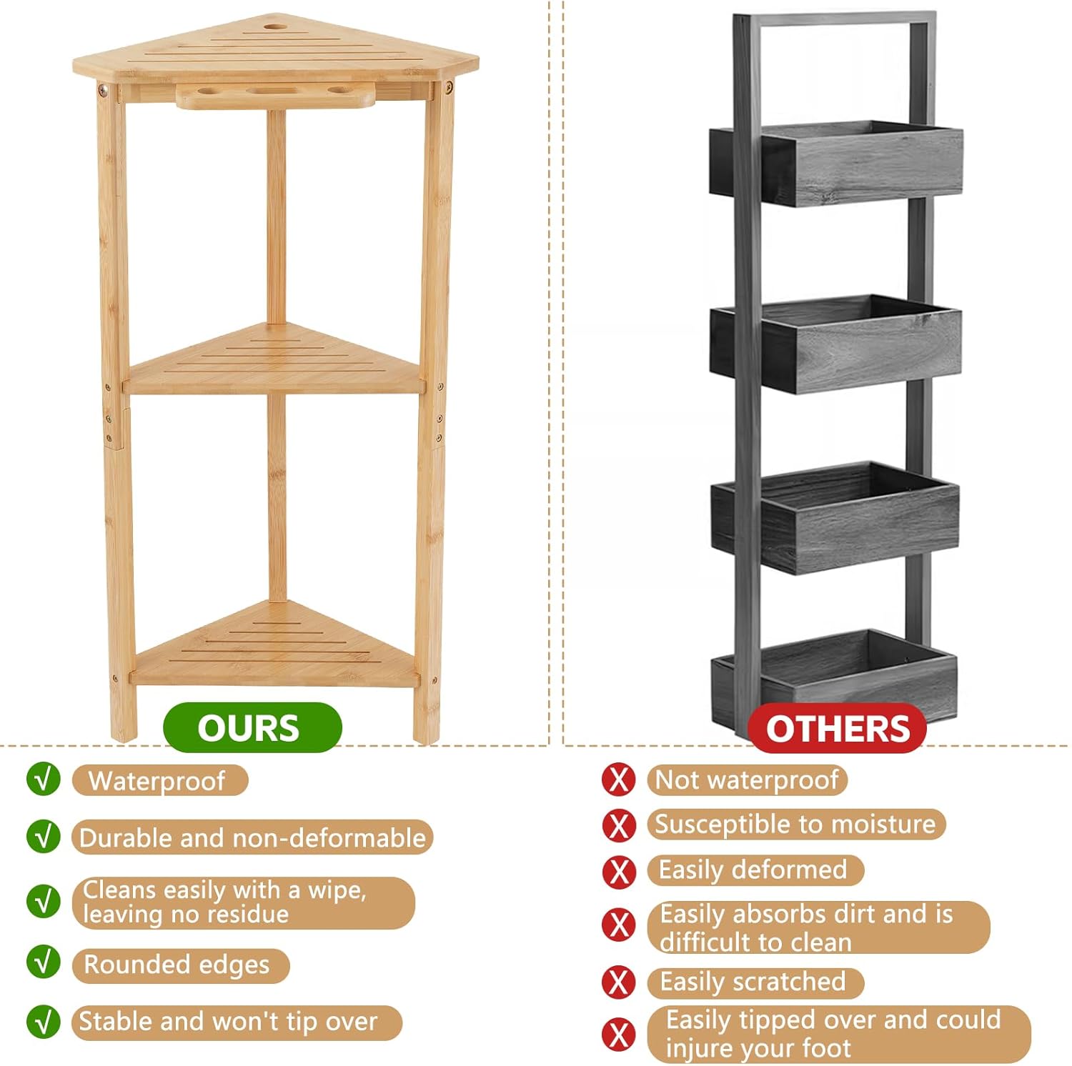 Natural Bamboo Corner Shower Stand, 3-Tier Wooden Standing Shower Organizer, Waterproof Space-Saving Bathroom Corner Shelf for Shower, Kitchen or Living Room