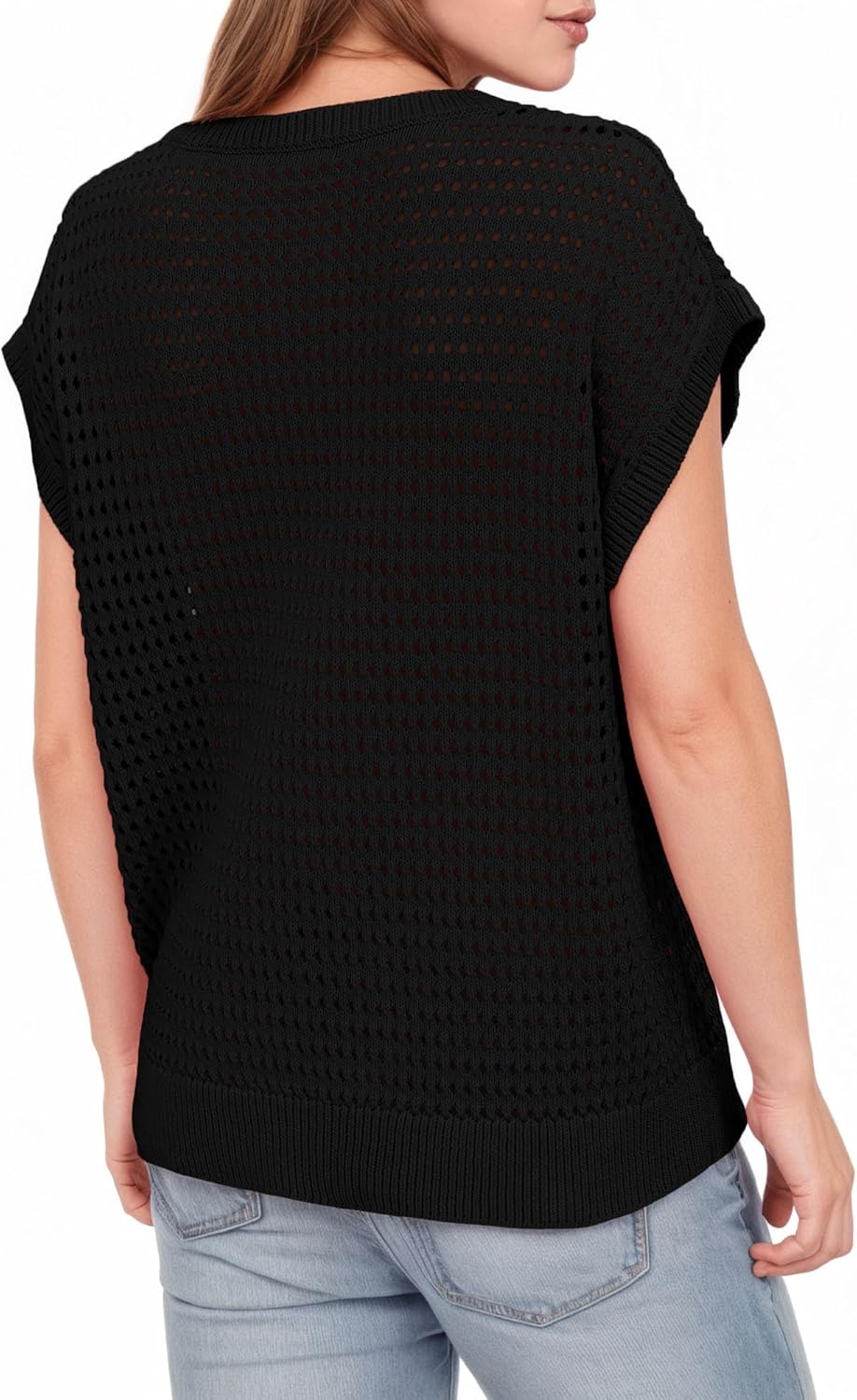 LCXWFE Womens Summer Crochet Sweaters Knit Cap Sleeve Shirts Casual Crewneck Top - Image 5