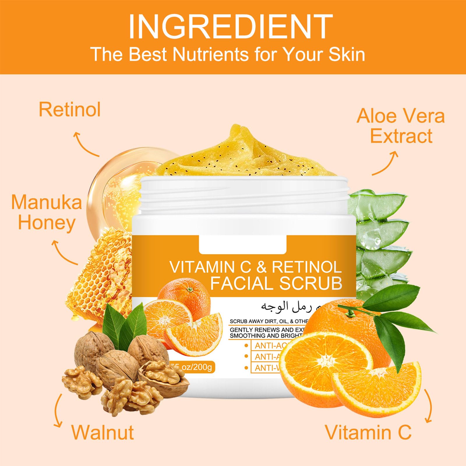 Facial Scrub Exfoliator with Vitamin C & Retinol,Natural Aloe Vera Exfoliating Scrub, 200 g (Pack of 1) - Image 4