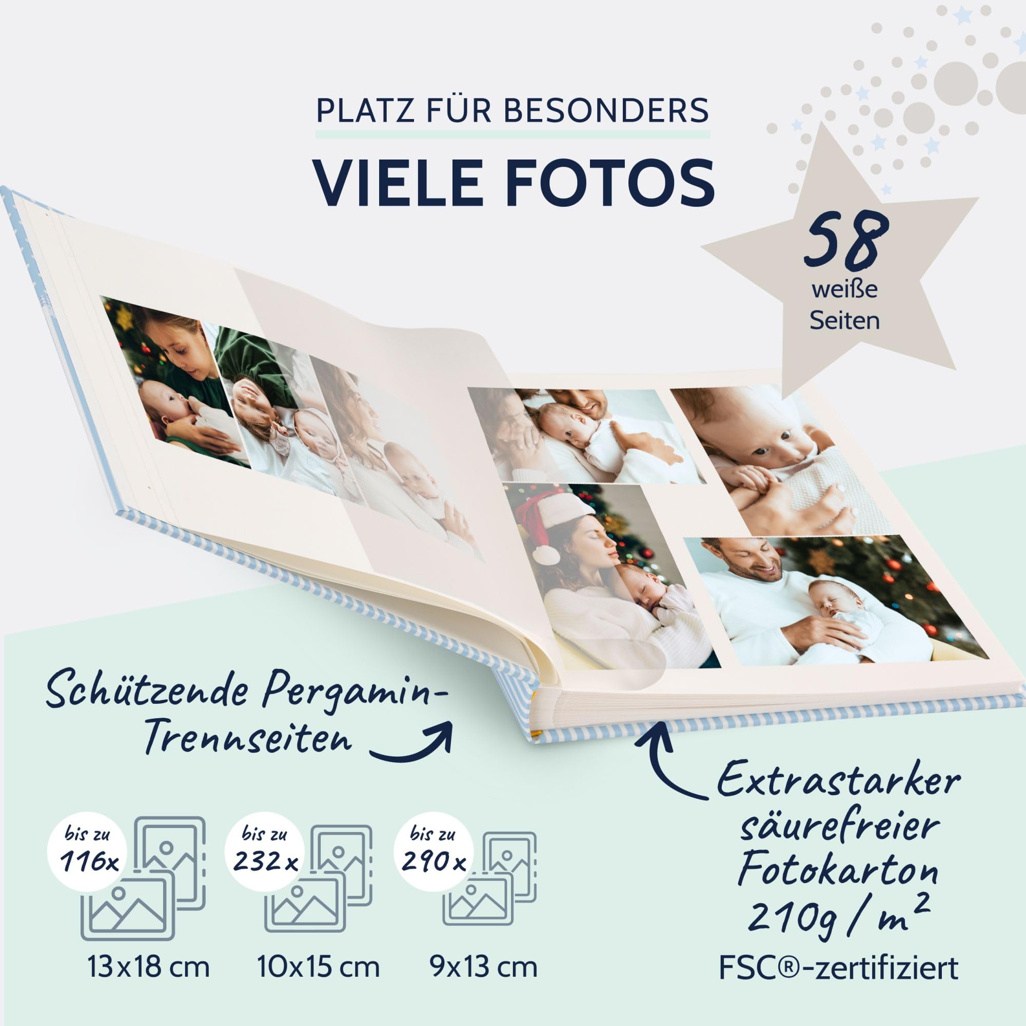 goldbuch 15802 Babyalbum mit Fensterausschnitt, Fotoalbum mit 58 weißen Blankoseiten und 4 illustrierten Seiten, Pergamin-Trennblätter, Kunstdruck, Papier, Sweetheart Blau, 30x31 cm