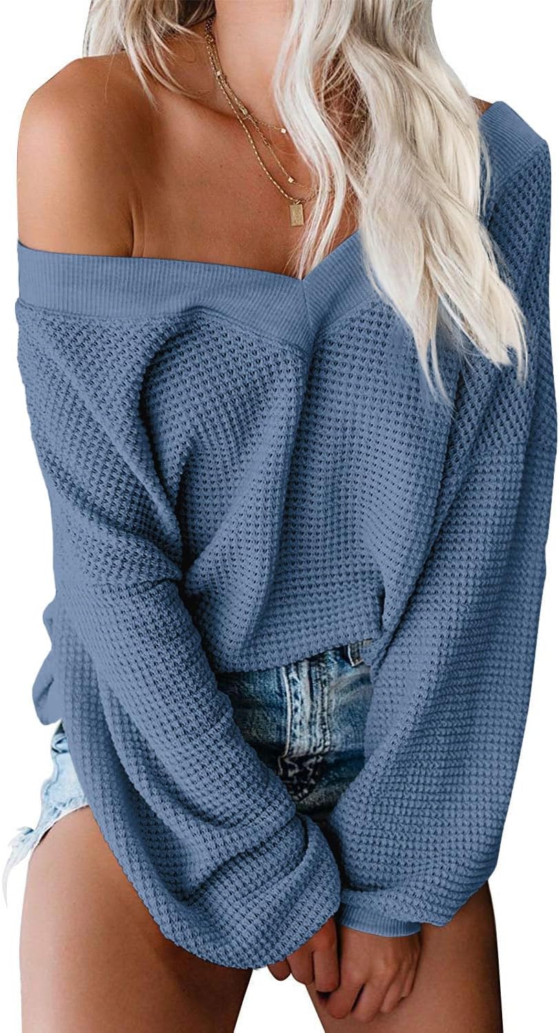 ReachMe Womens Oversized Off The Shoulder Tops Long Sleeve Waffle Knit Shirt Drop Shoulder Sweater Top