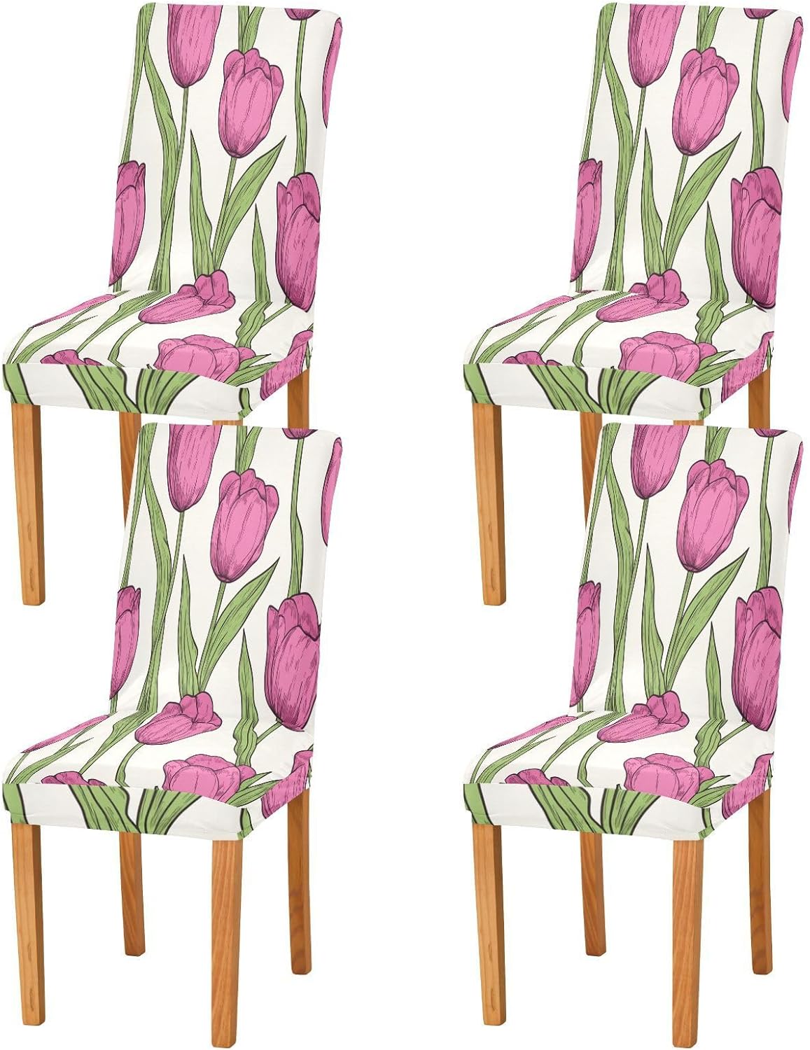 ALAZA Chair Covers for Dining Room, Cute Doodle Romantic Pink Tulips Flower Stretch Chair Cover Sets Chair Protector Removable Washable for Ktichen Restaurant Hotel