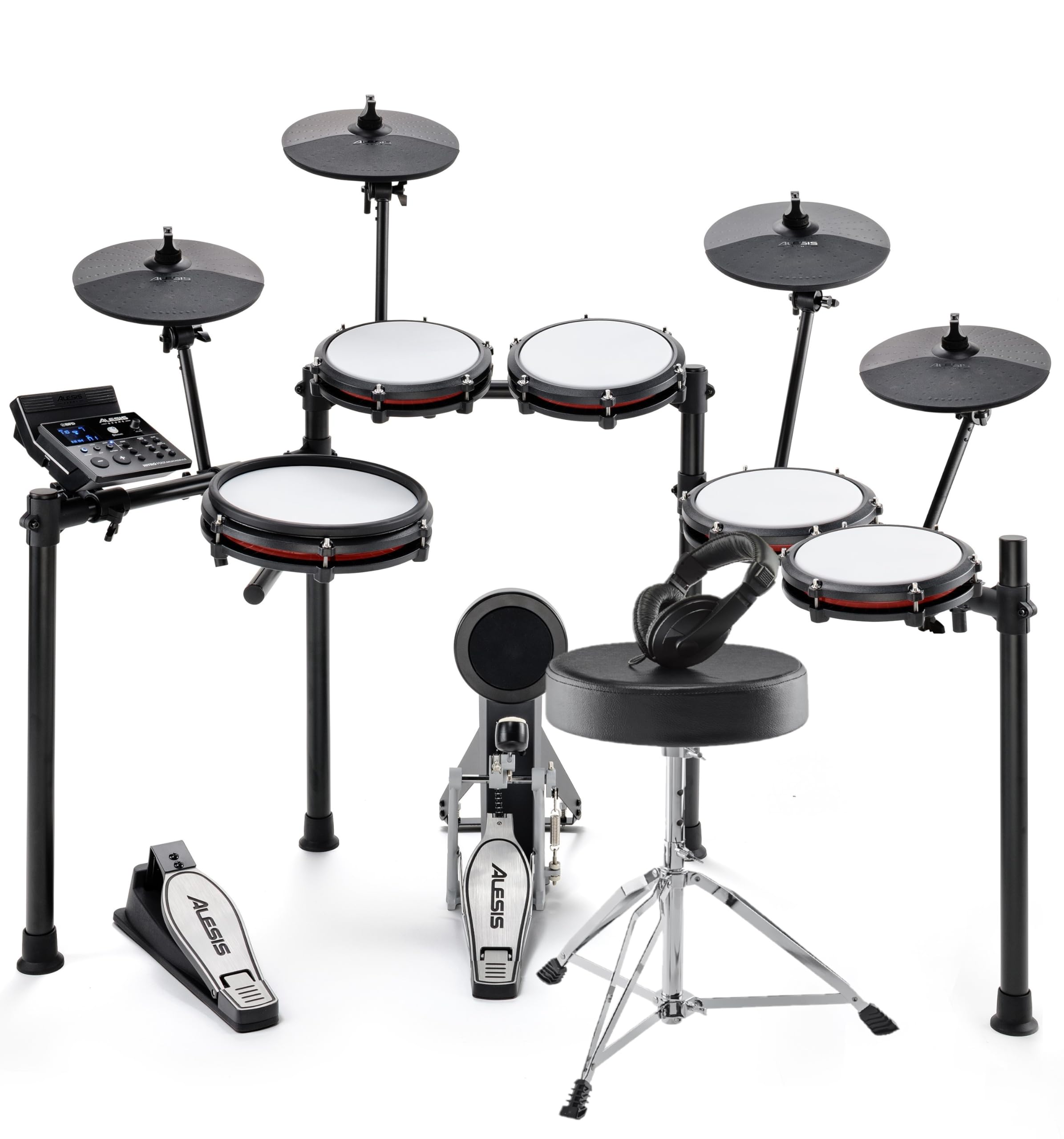 Alesis Nitro Max Batteria Elettronica a 10 pezzi con Pelli Mesh Silenziose, Rullante a Doppia Zona da 10", Bluetooth, 440+ Suoni Autentici, Drumeo, USB Midi, Pedale Grancassa, Sgabello e Cuffie