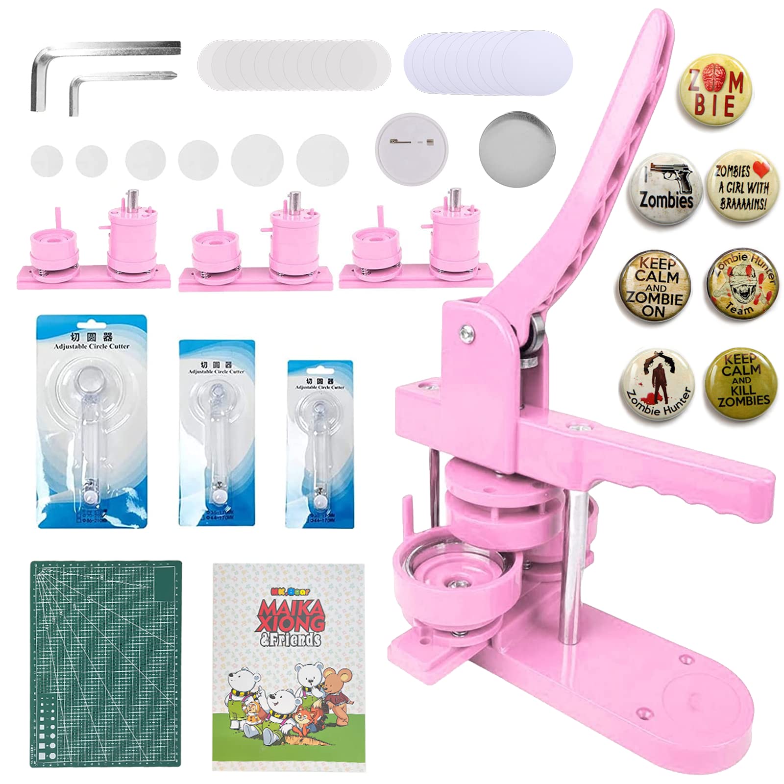 Button Maker Machine Multiple Sizes - wuyule 1''+1.25''+2.25'' Button Press Badge Maker Machine, Pink Pin Maker Machine with 300pcs Round Button Parts, 3 Circle Cutters&Magic Book