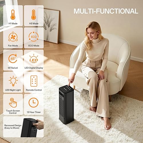 Miniatura 3 de Calentador de espacio, calentadores eléctricos portátiles para uso en interiores con termostato ajustable y control remoto, oscilación de 45,