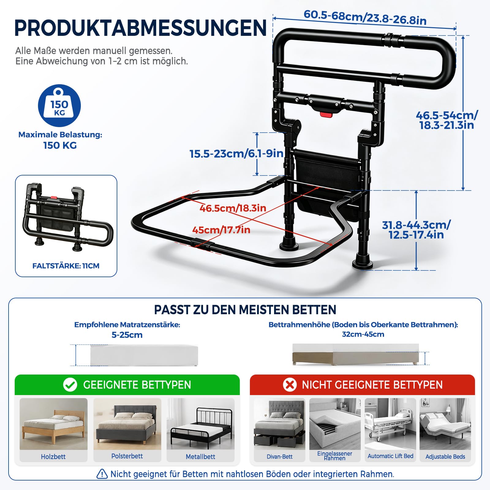 NJUN Aufstehhilfe Bett Senioren, Klappbar, Höhen- & Breitenverstellbar