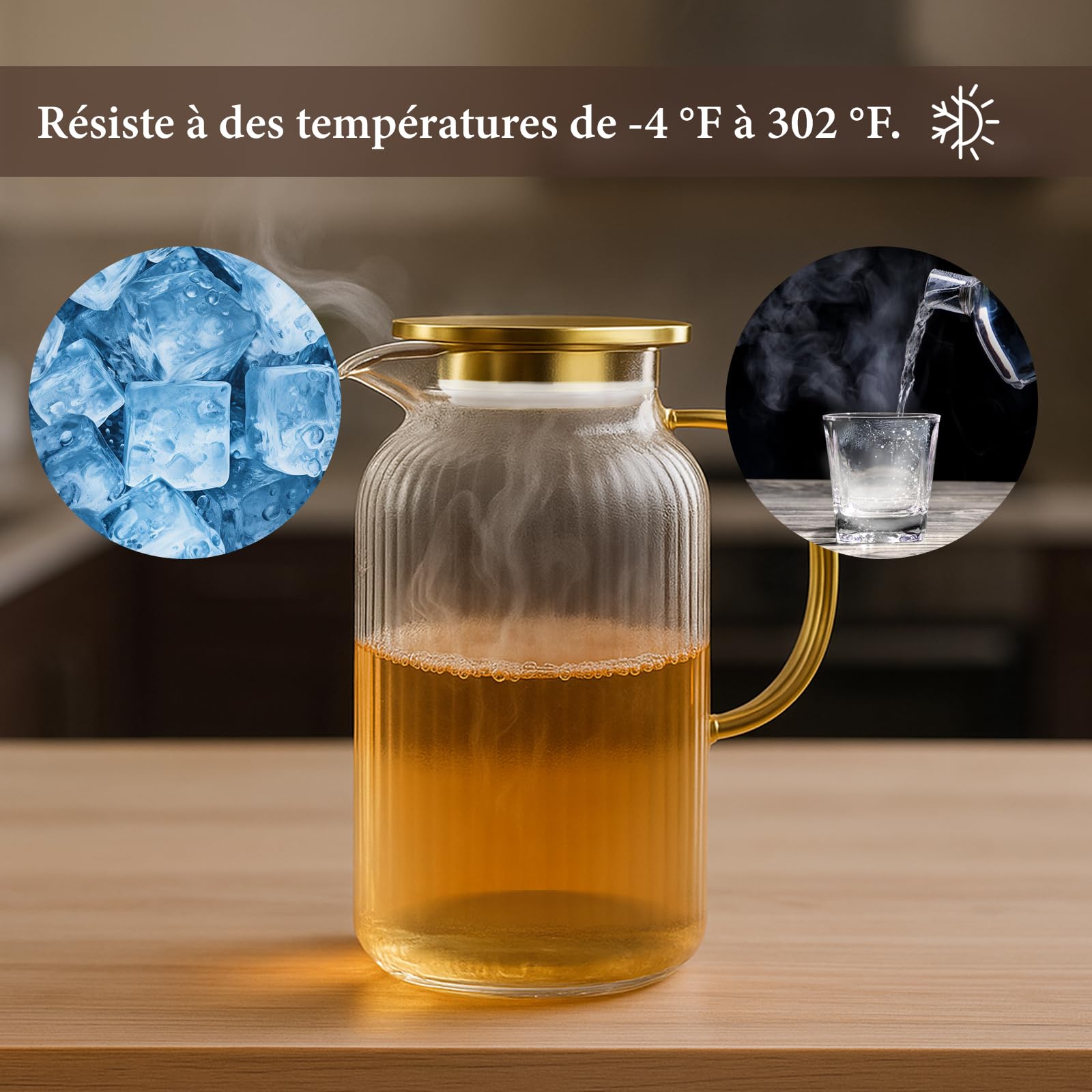 Lot de 2 Carafes en Verre Borosilicate Nervuré, 2 L avec Couvercles