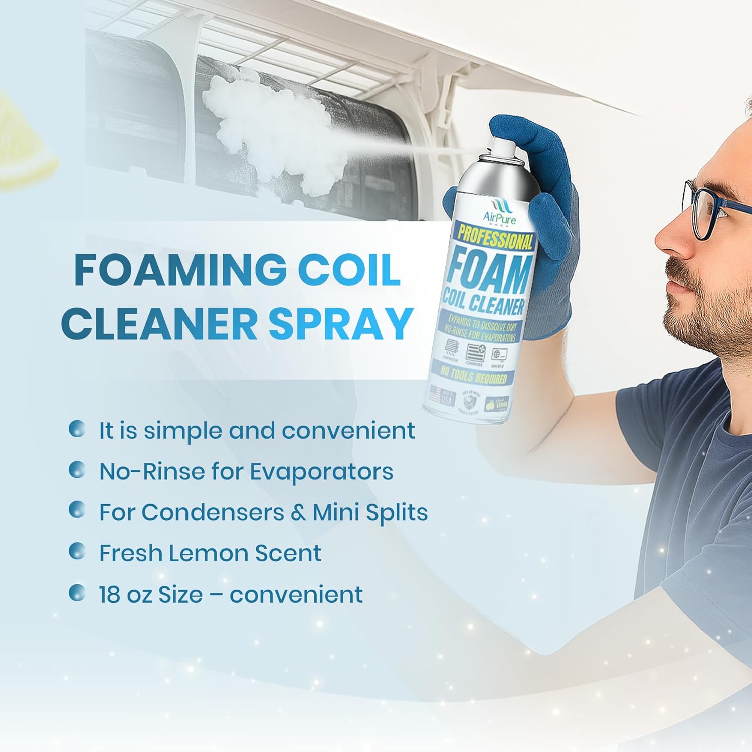 Foaming Coil Cleaner Spray 2-Pack, No-Rinse HVAC Foam for Evaporators, Condensers & Mini Splits, Expanding Lemon Scent Formula, 18 oz Each