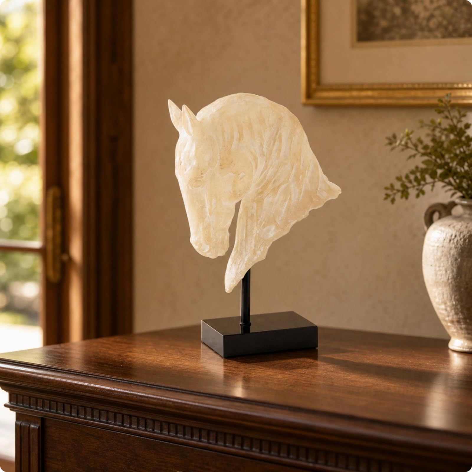 Estatua de Caballo Decorativa Cabeza de Caballo Escultura Figura Adorno de Mesa con Base de Resina y Piedra Acabado Translúcido Imitación Jade