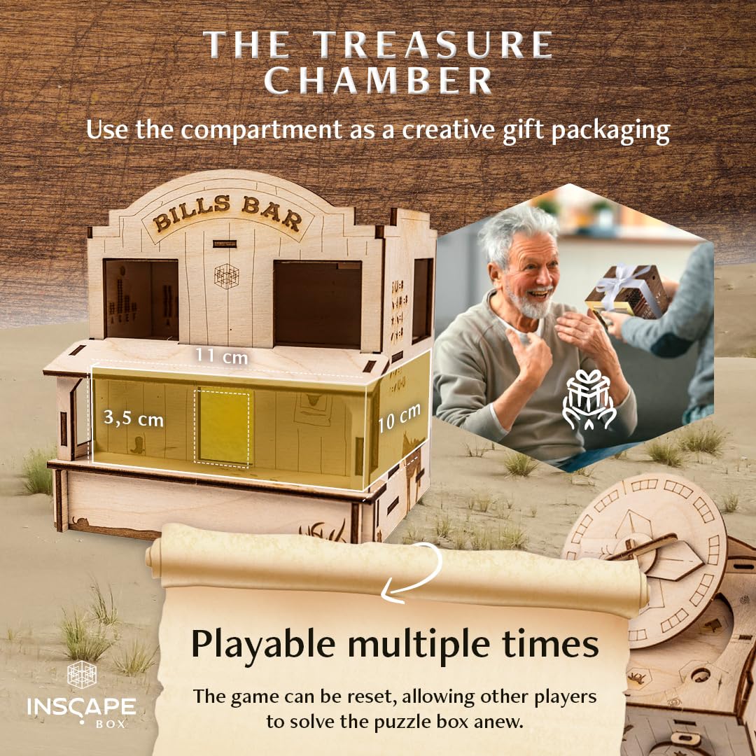 INSCAPE Wild West Riddles Cluebox Puzzle Box per adulti Escape Room in legno | Gioco rompicapo in legno a tema occidentale, scomparti nascosti, sblocco passo dopo passo, idea regalo per uomini e donne